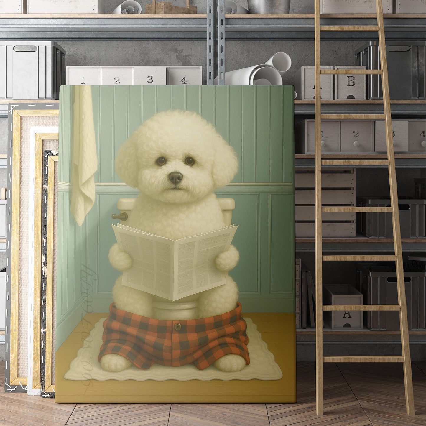 Bichon Frise Dog Reading The Newspaper On The Toilet