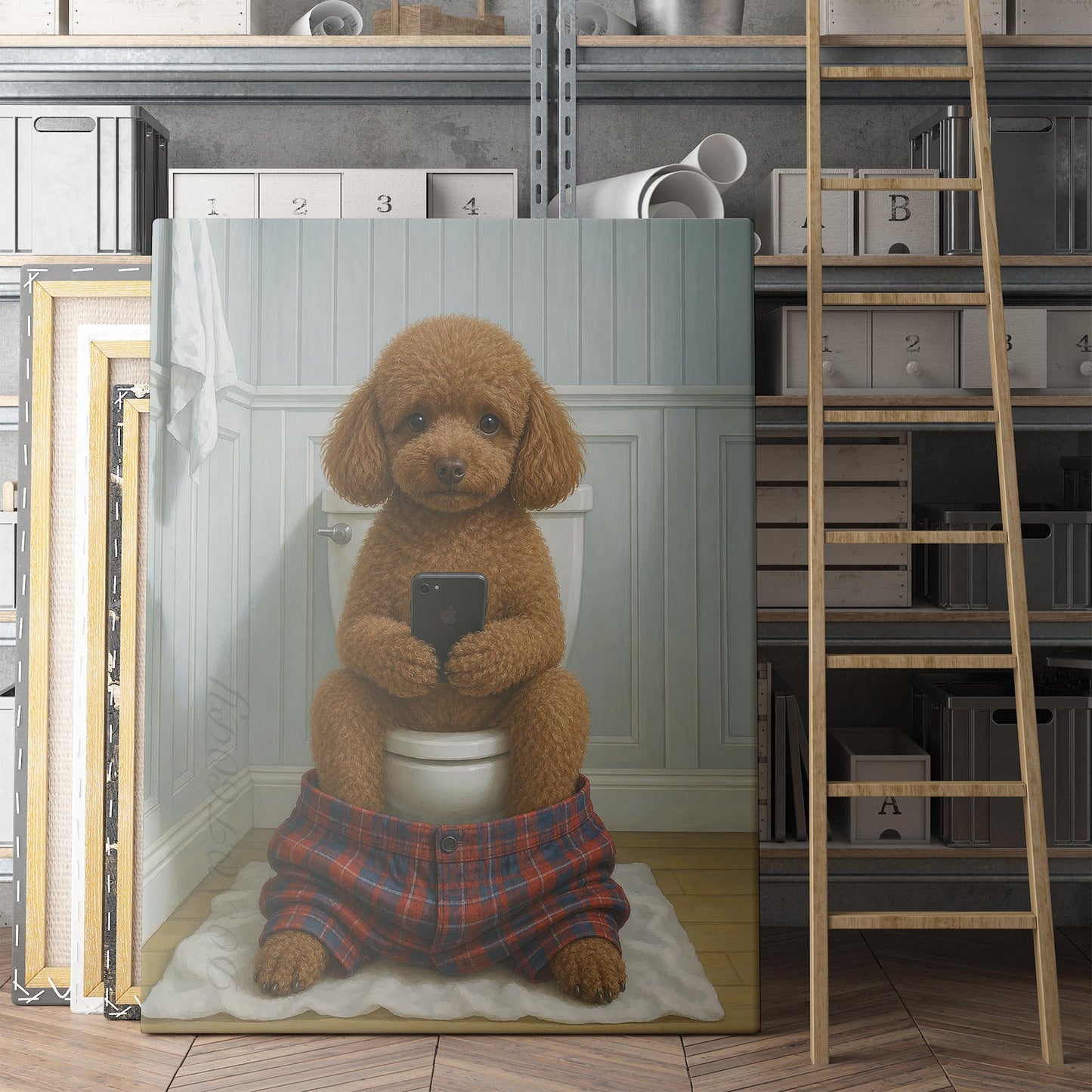 Brown Toy Poodle On The Phone On The Toilet