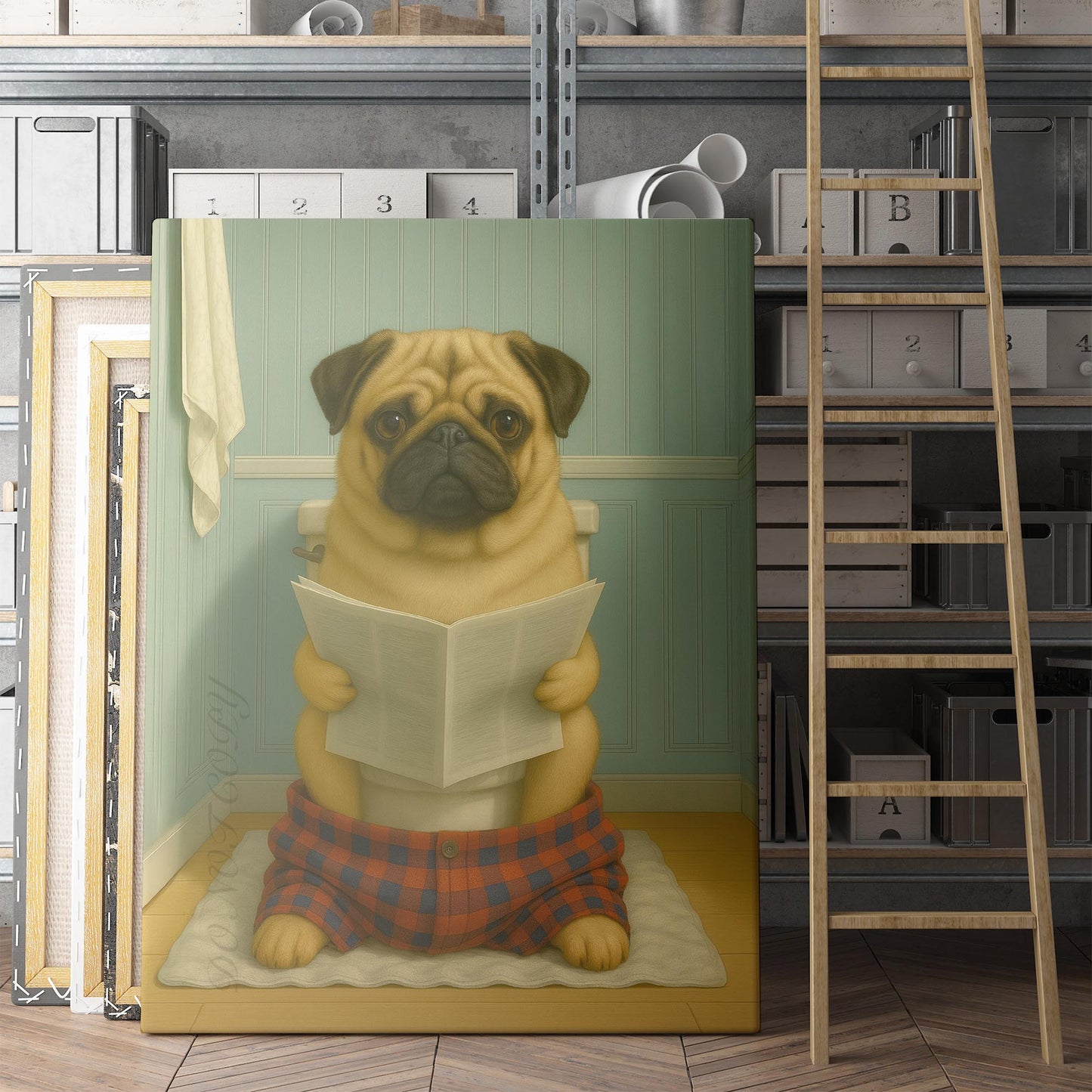 Pug Dog Reading The Newspaper On The Toilet