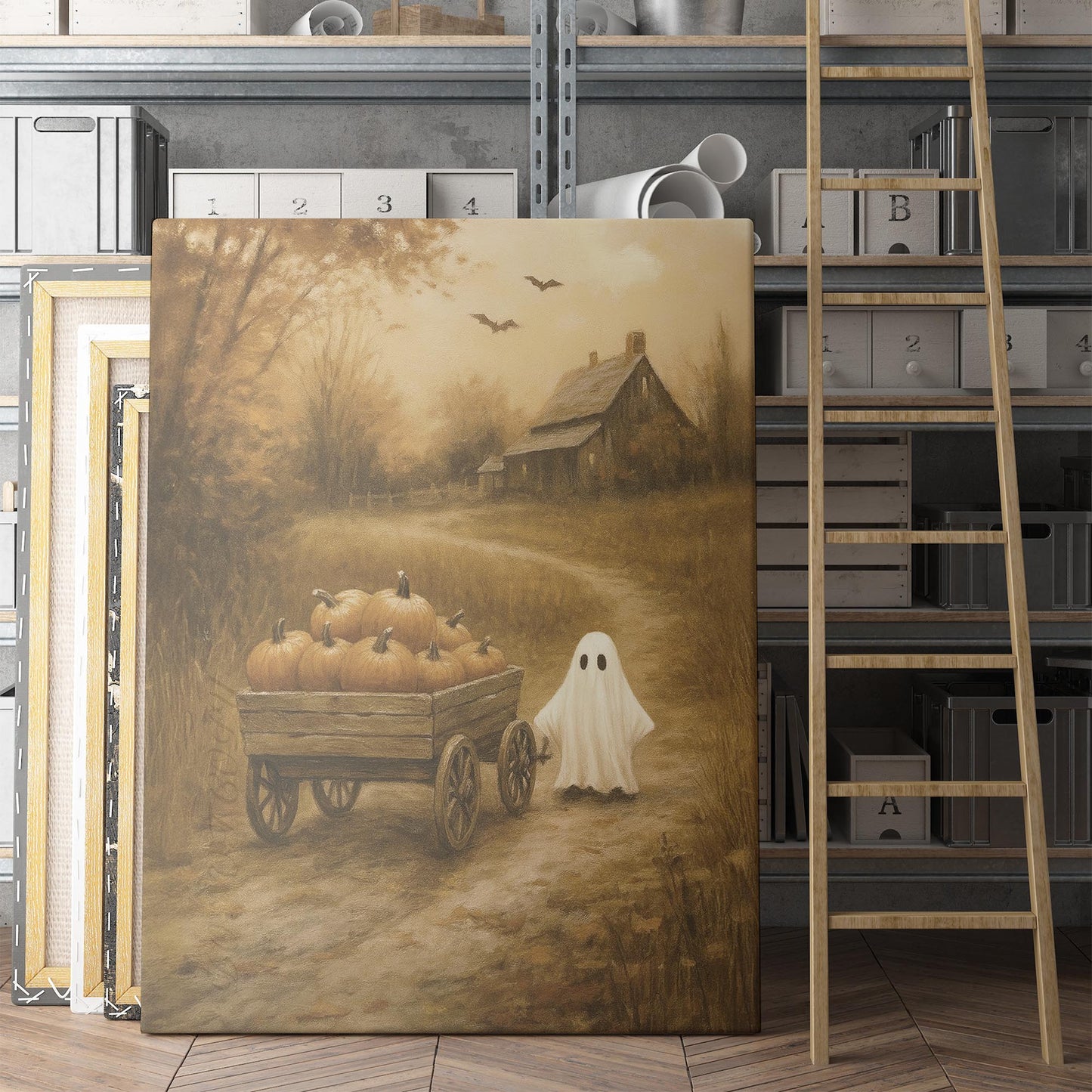 Ghost With Pumpkins In Fall Field