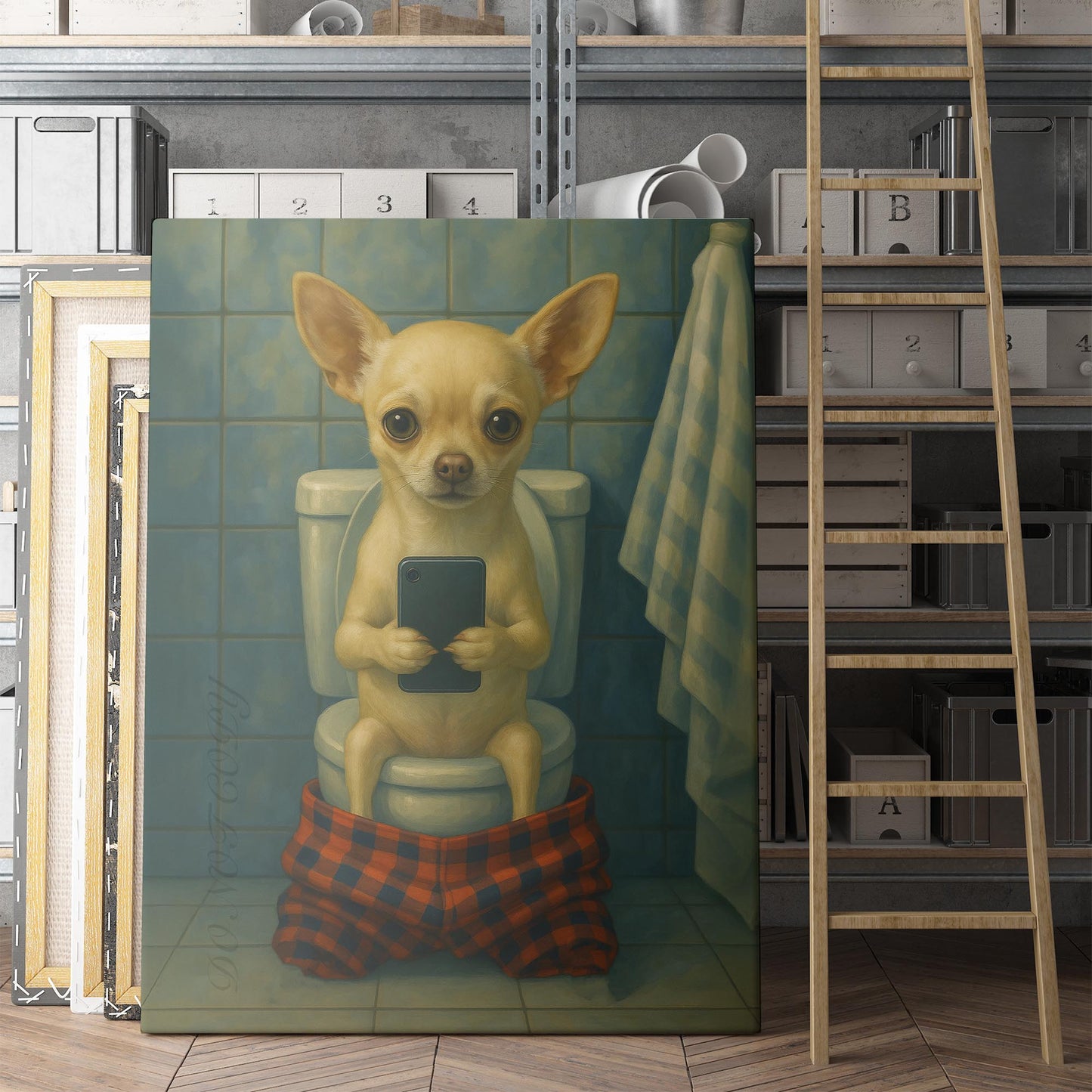 Chihuahua Dog On The Phone On The Toilet