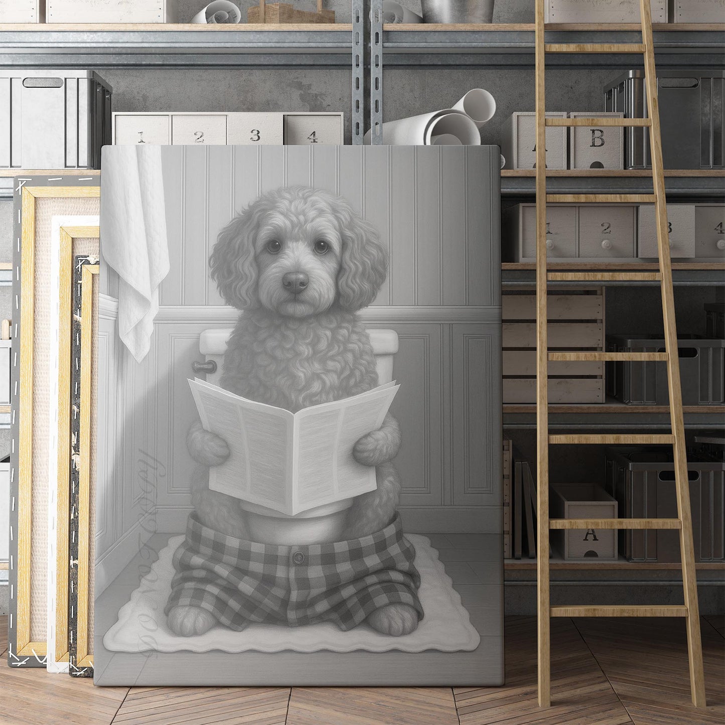 Cockapoo Dog Reading The Newspaper On The Toilet