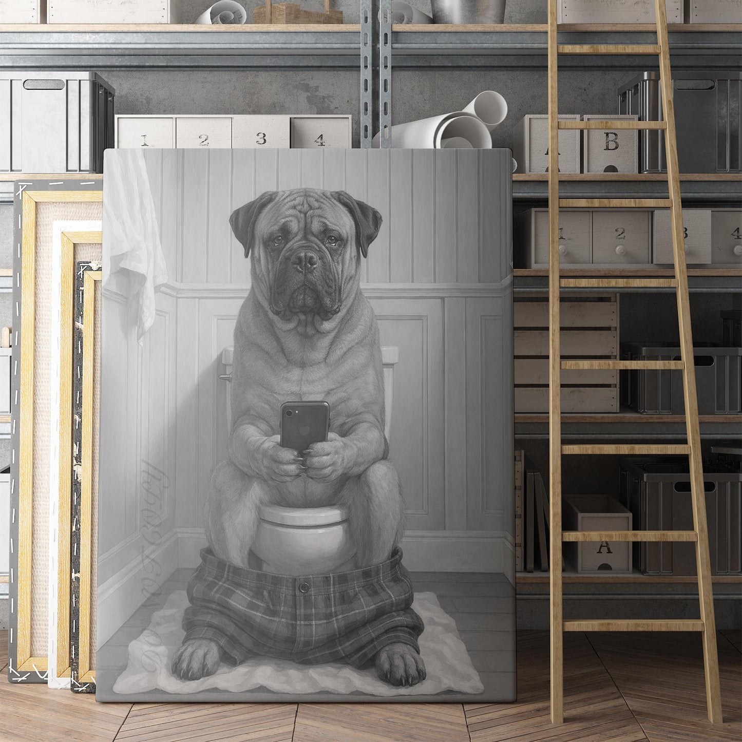 Bullmastiff Dog On The Phone On The Toilet