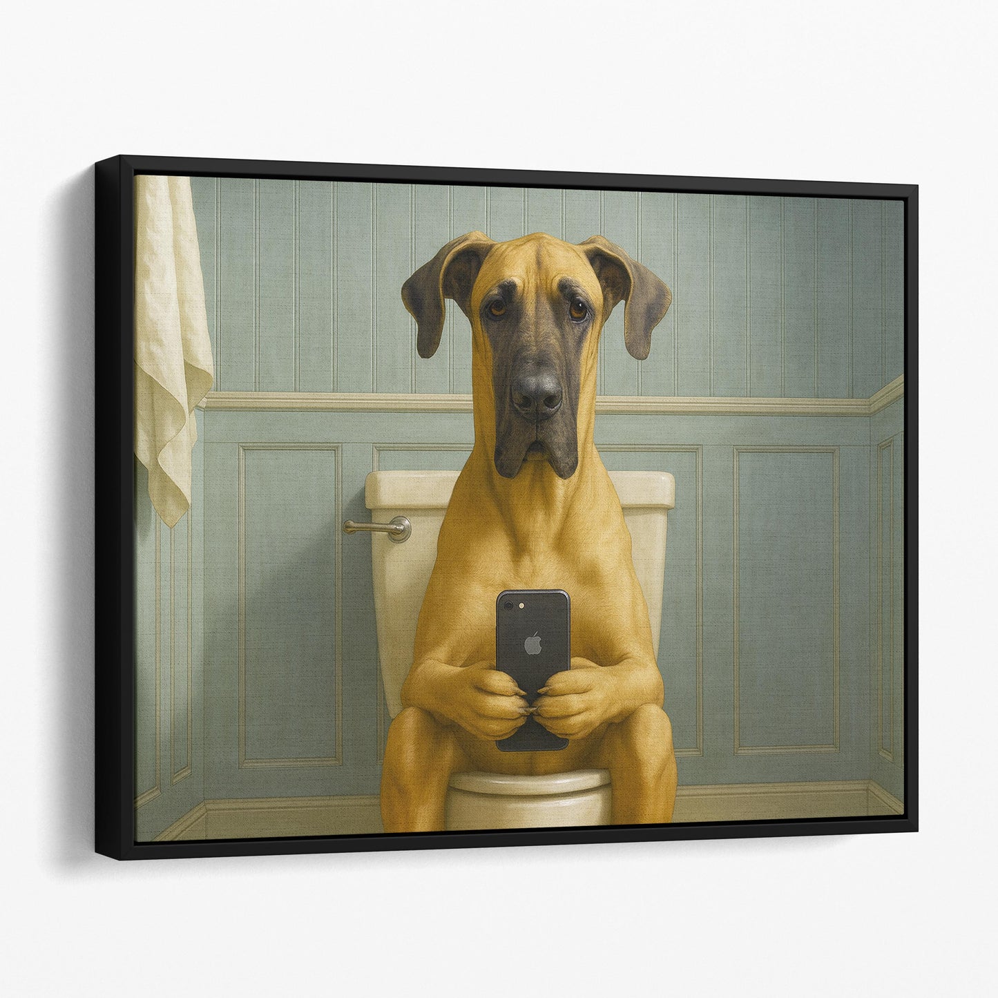 Great Dane Dog On The Phone On The Toilet