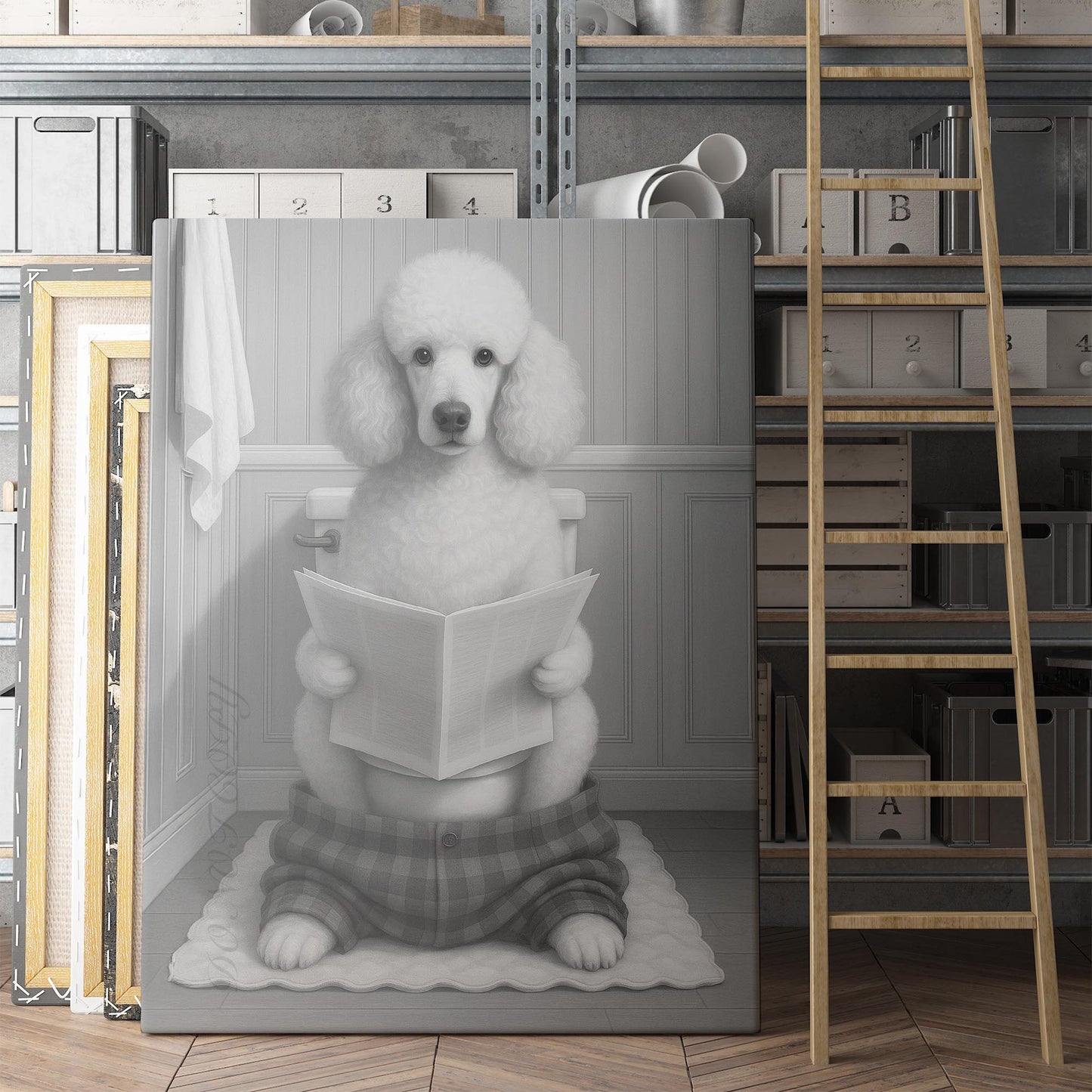 Poodle Dog Reading The Newspaper On The Toilet