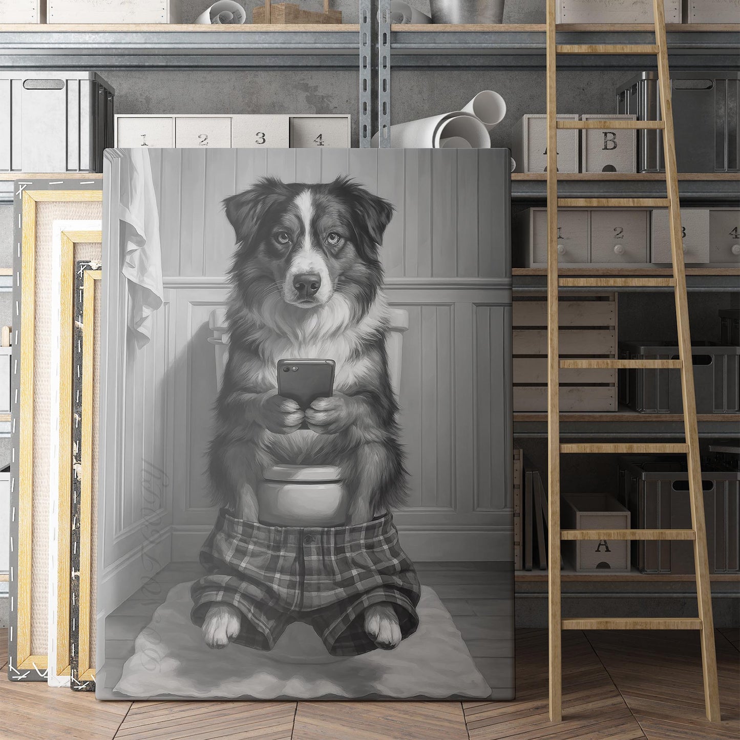 Australian Shepherd Dog On The Phone On The Toilet