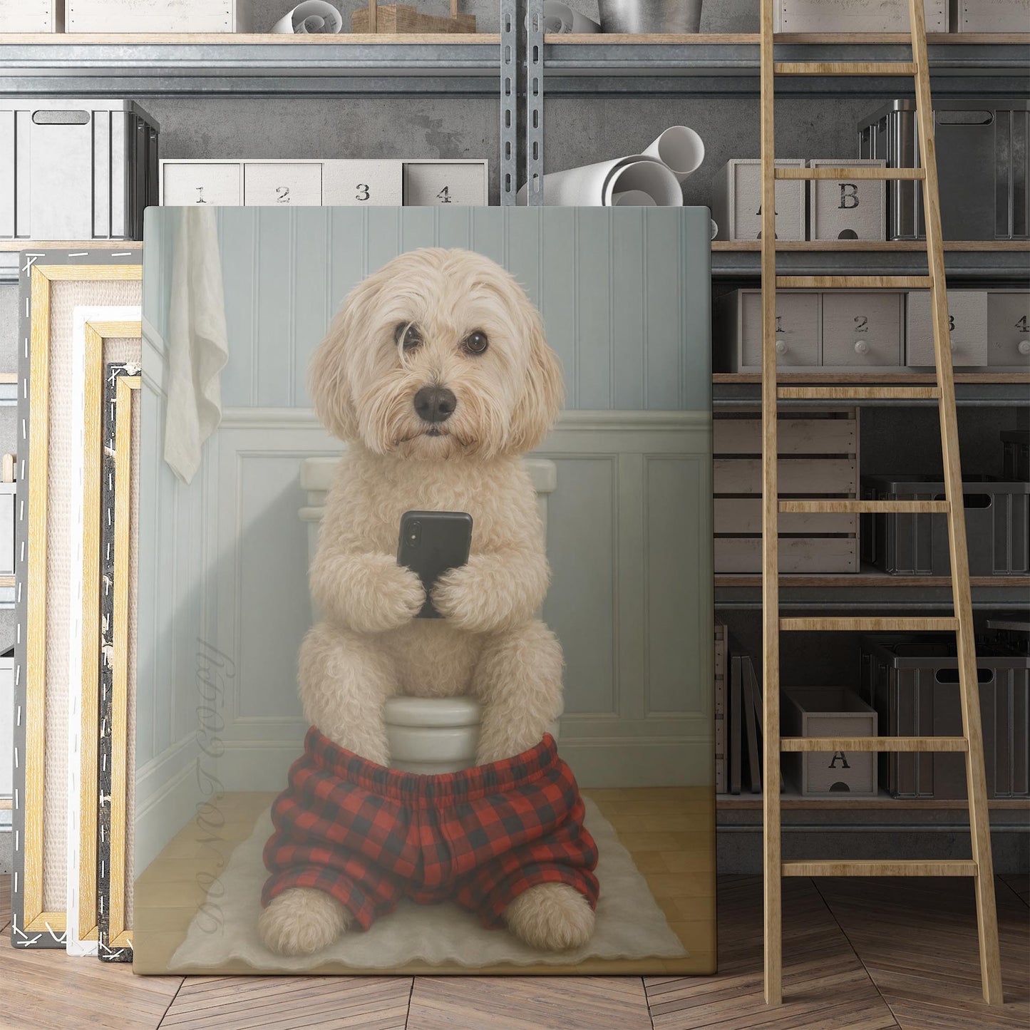 Cockapoo Dog On The Phone On The Toilet
