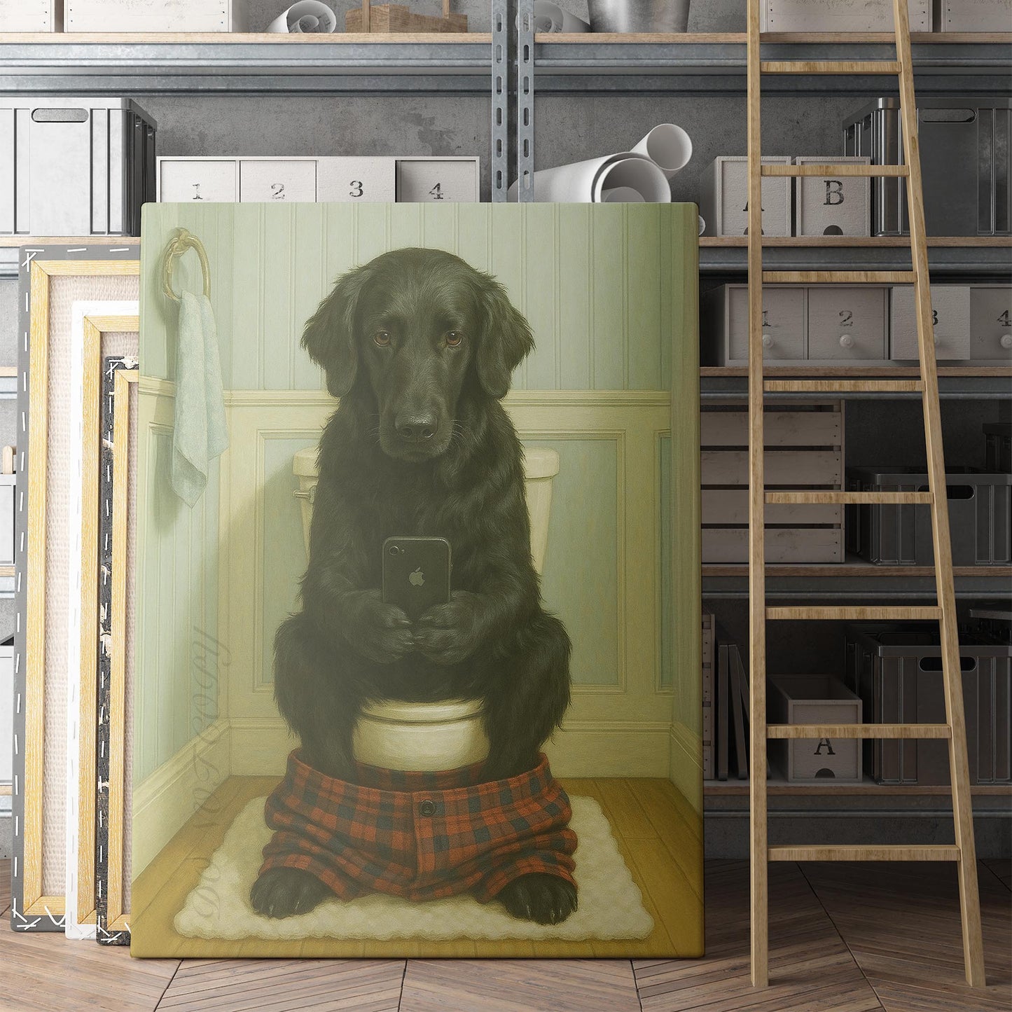 Flat-coated Retriever Dog On The Phone On The Toilet