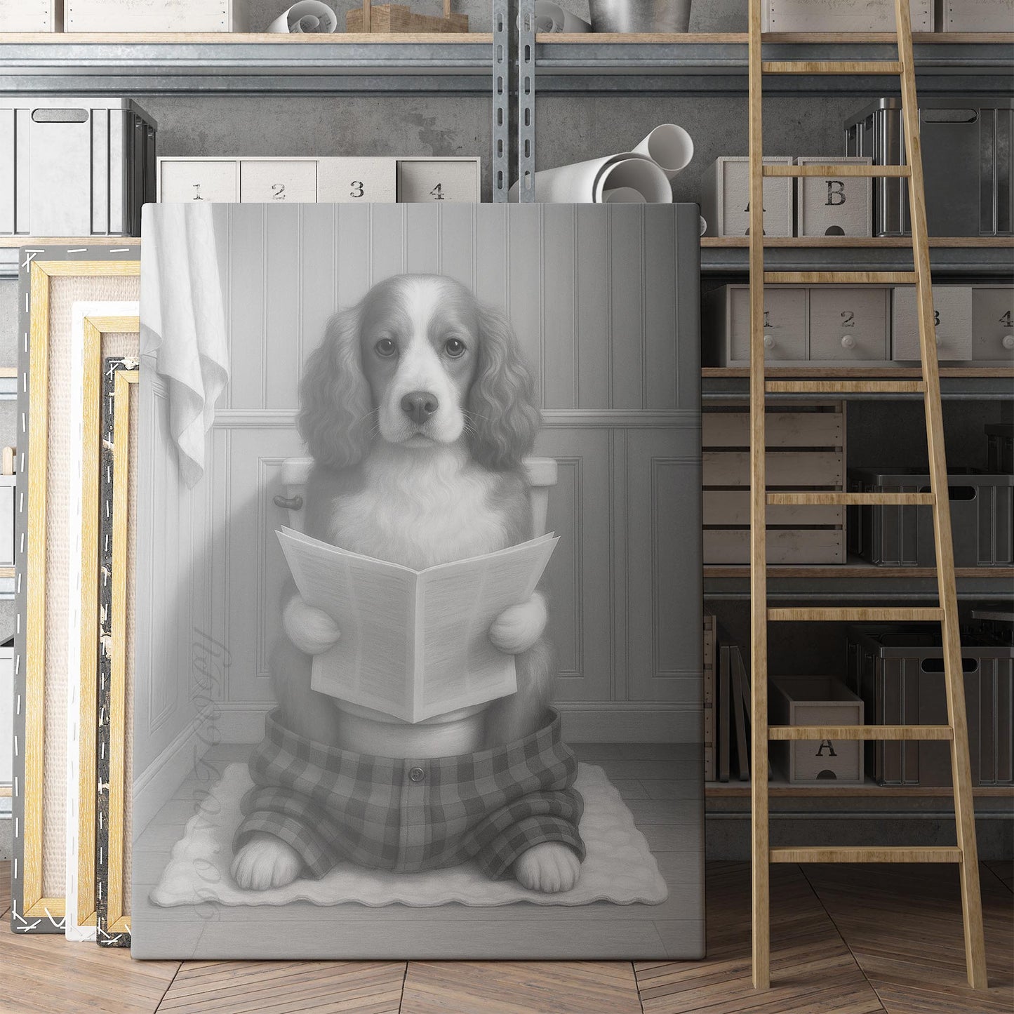 Cocker Spaniel Dog Reading The Newspaper On The Toilet