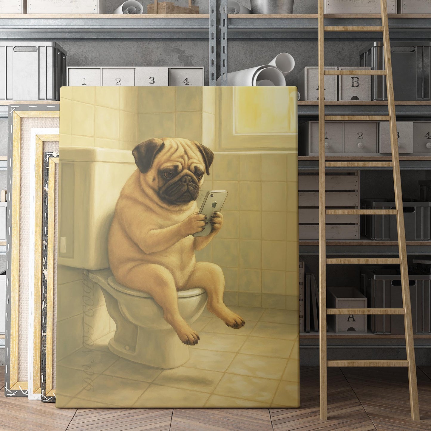 Pug Dog On The Phone On The Toilet
