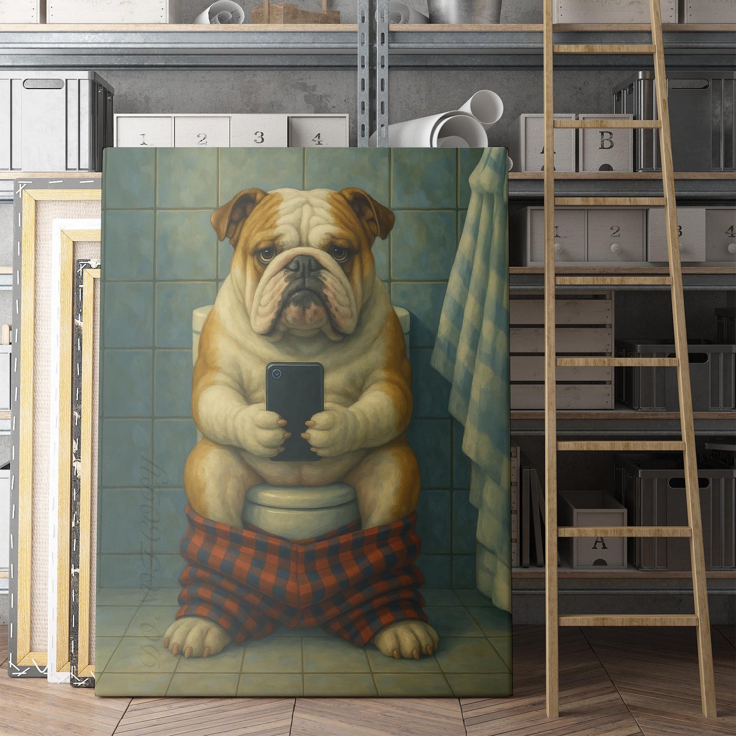 Bulldog On The Phone On The Toilet