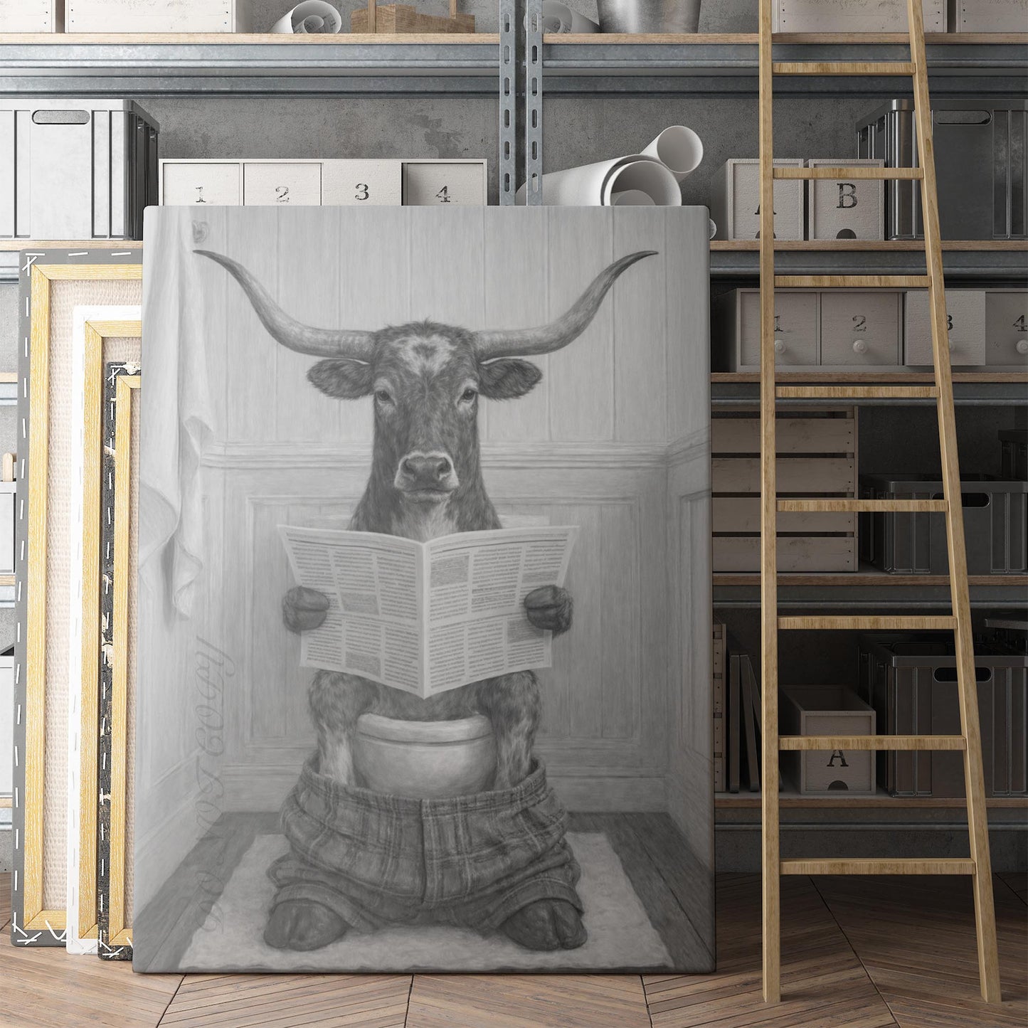 Texas Longhorn Reading The Newspaper On The Toilet
