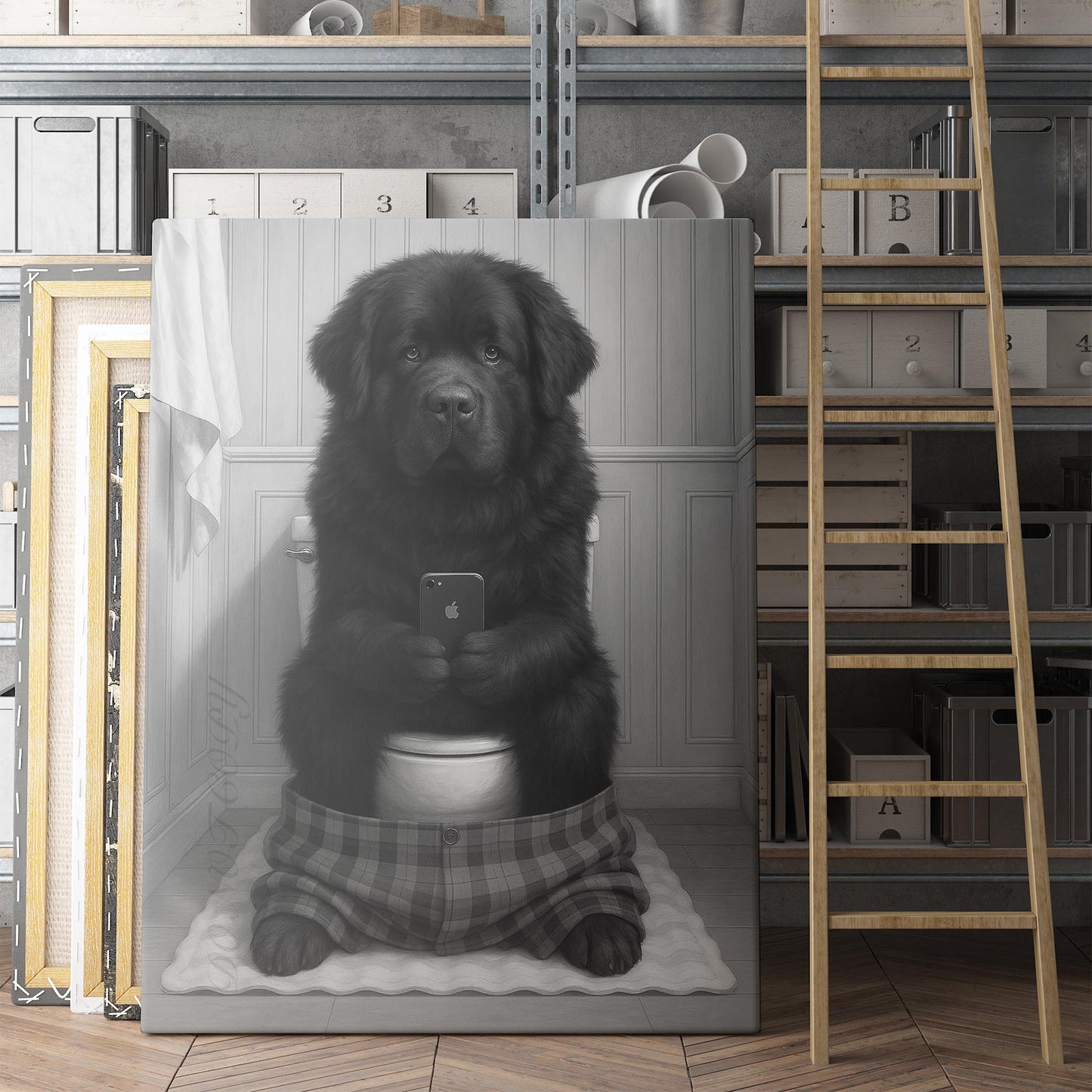 Newfoundland Dog On The Phone On The Toilet