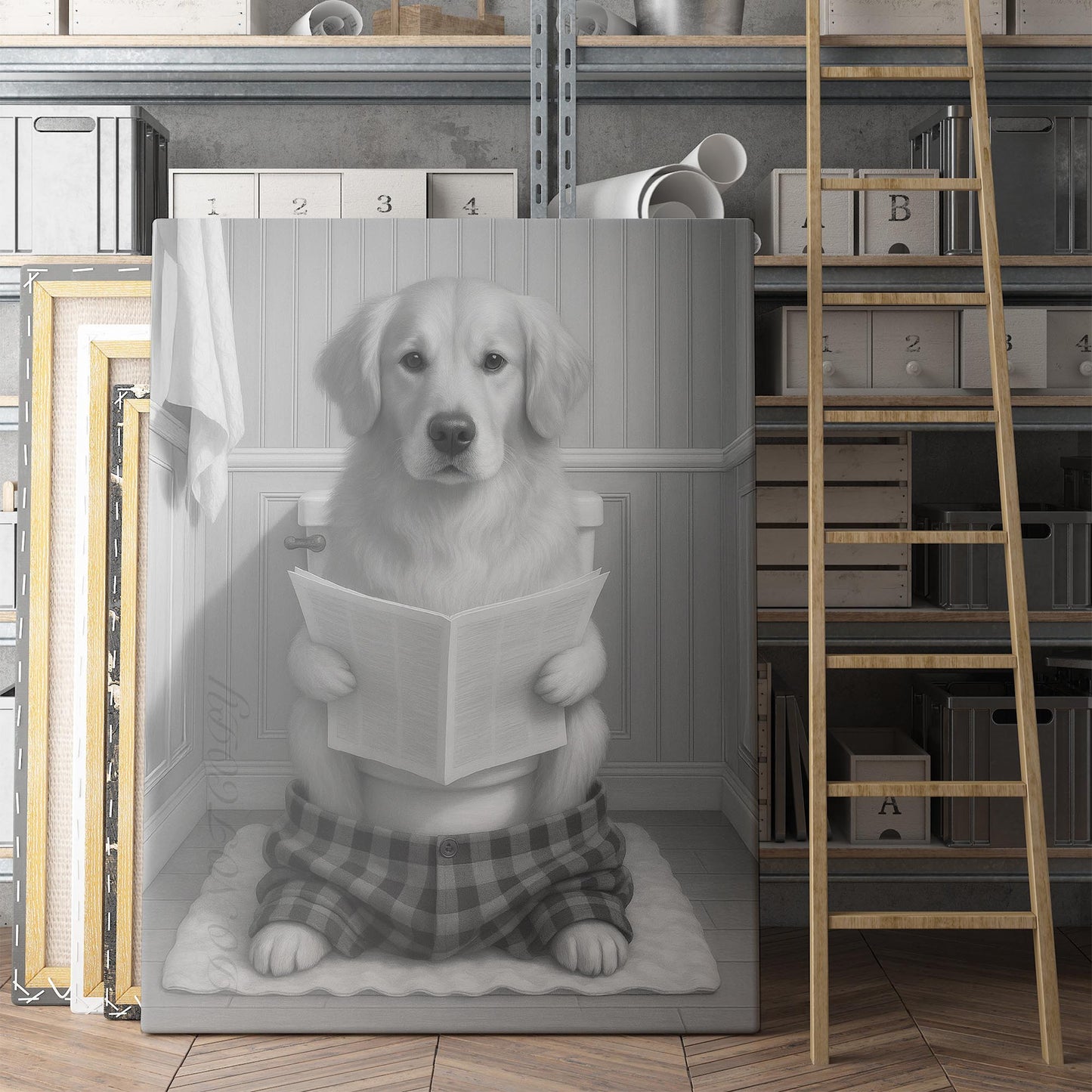 Golden Retriever Dog Reading The Newspaper On The Toilet