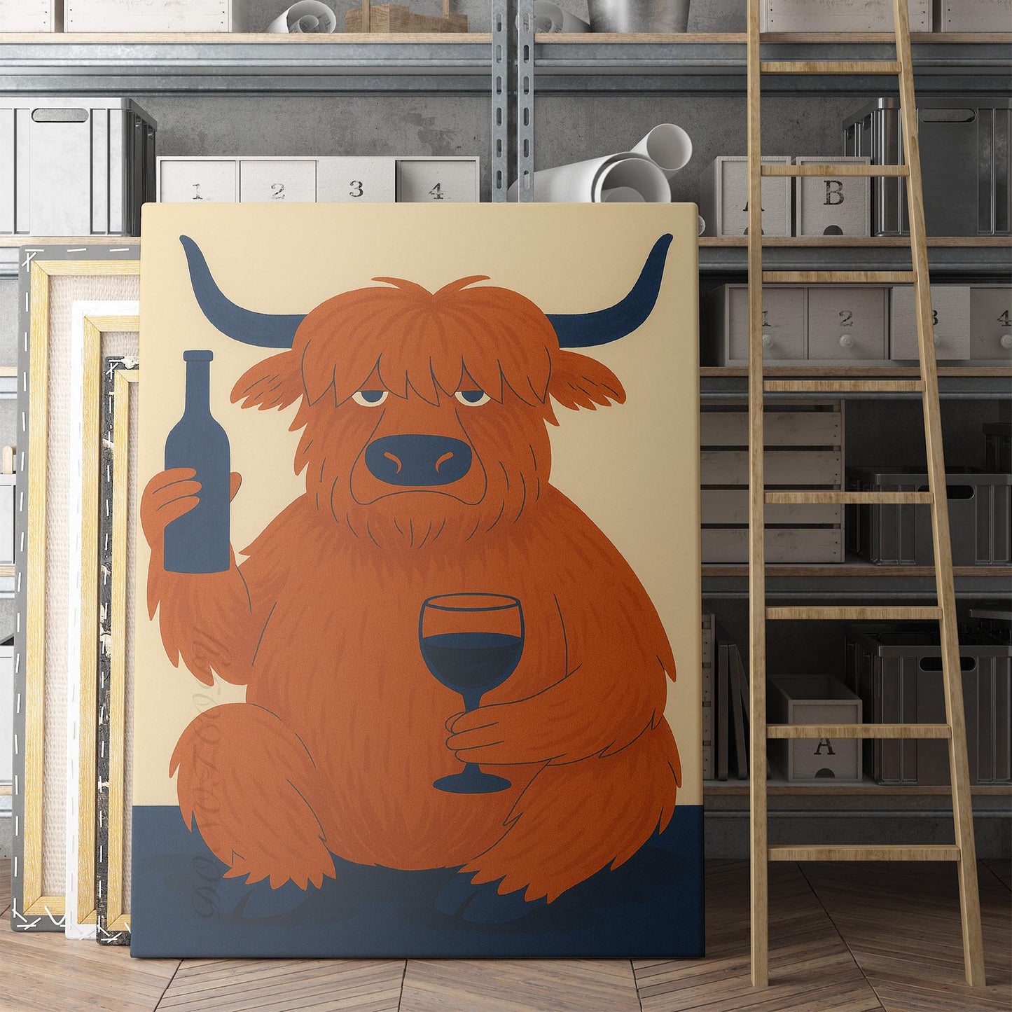 Highland Cow Drinking Wine Mid Century Modern
