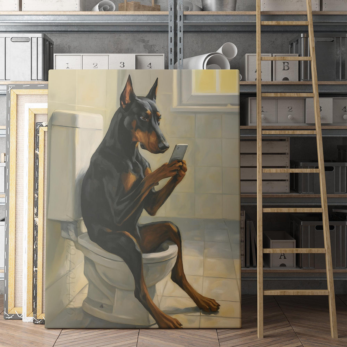 Doberman On The Phone On The Toilet