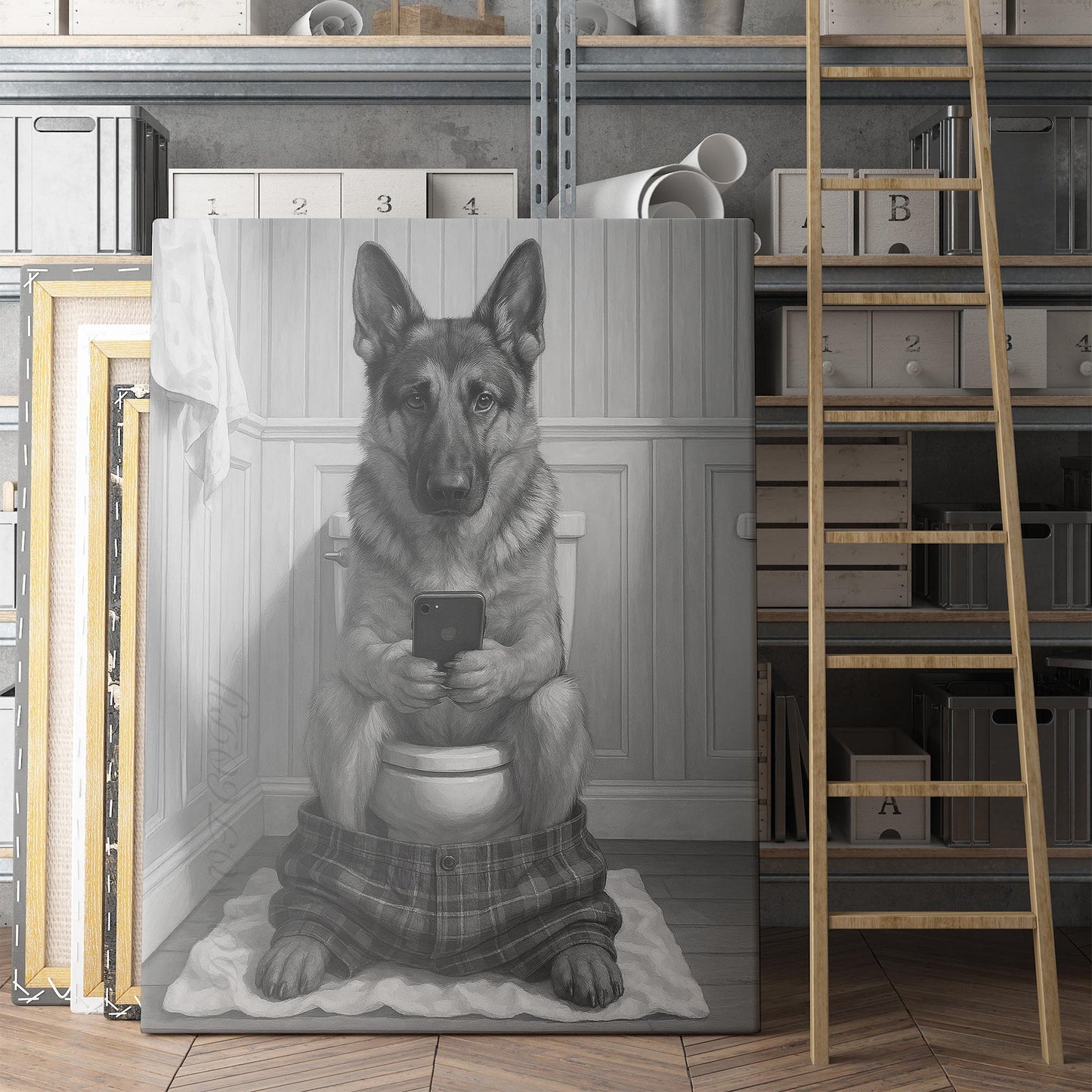 German Shepherd Dog On The Phone On The Toilet