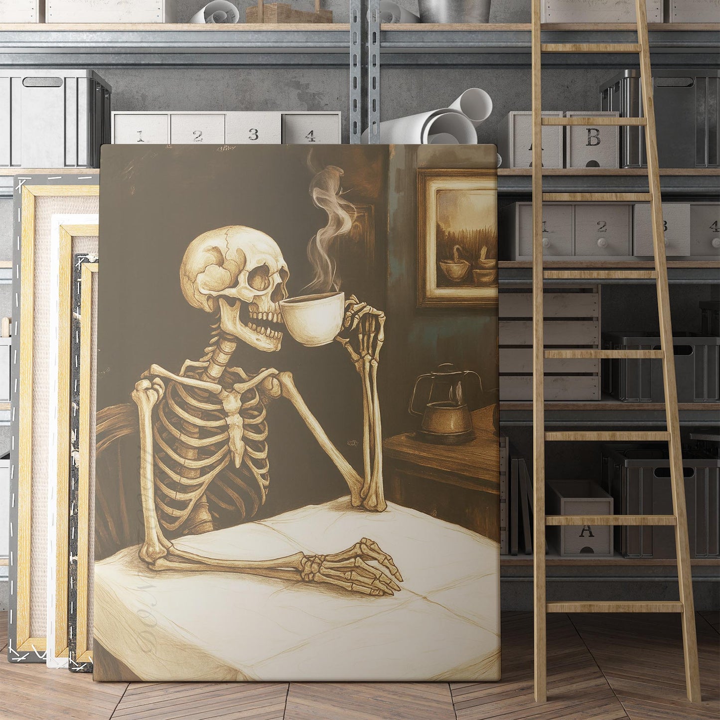 Skeleton Drinking Coffee