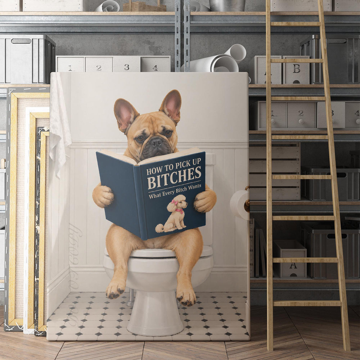 French Bulldog Reading Dating Book On The Toilet