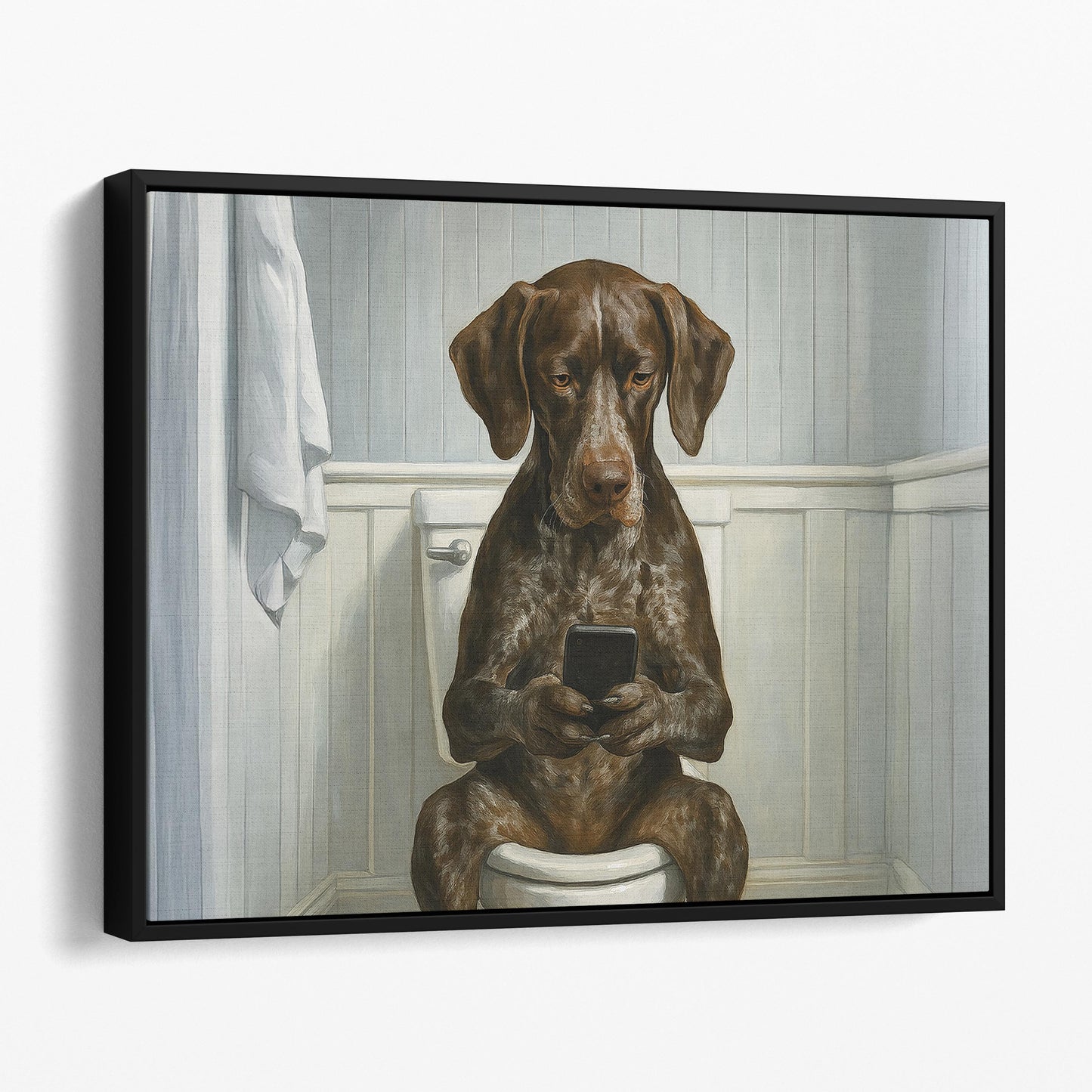 German Shorthaired Pointer Dog On The Phone On The Toilet