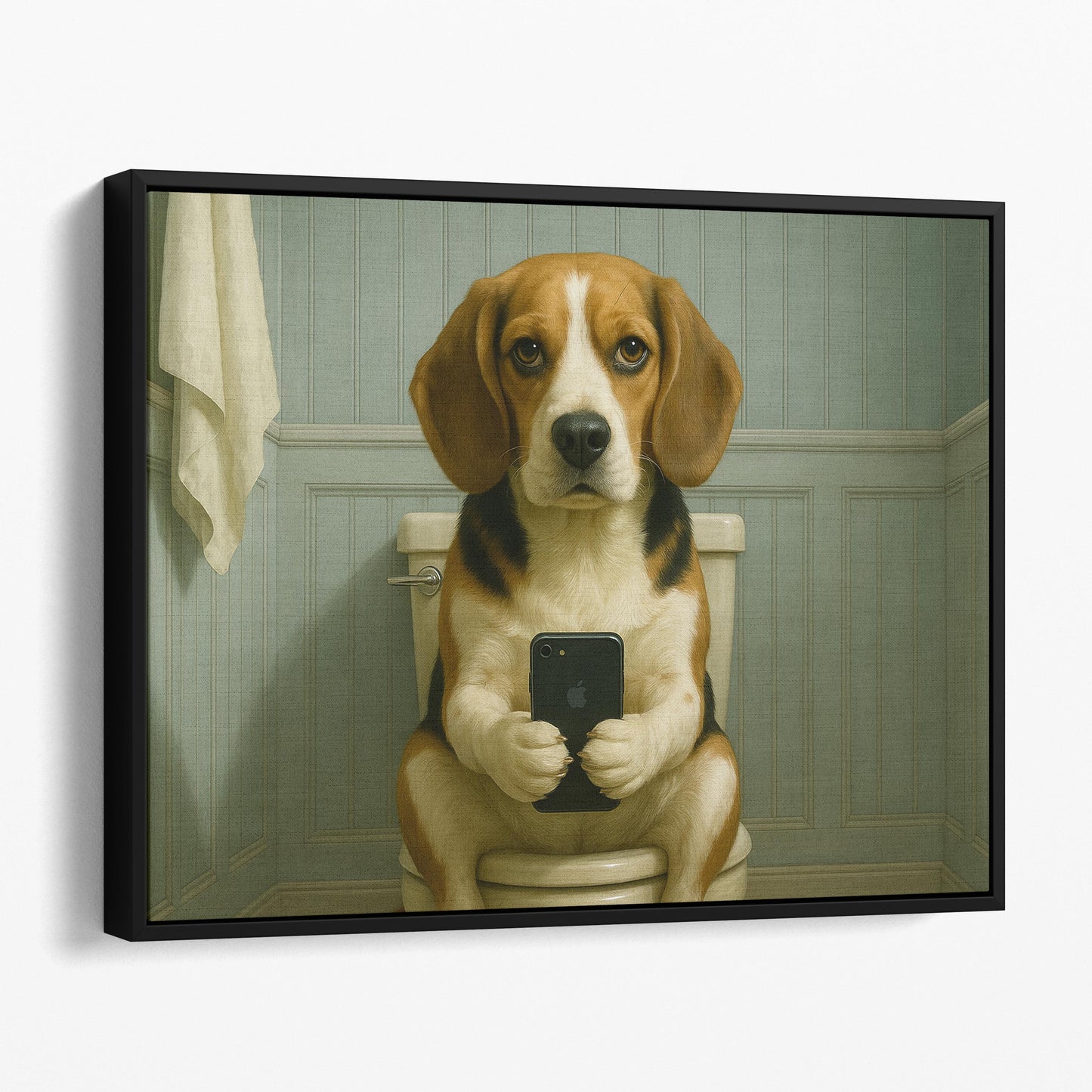 Beagle Dog On The Phone On The Toilet