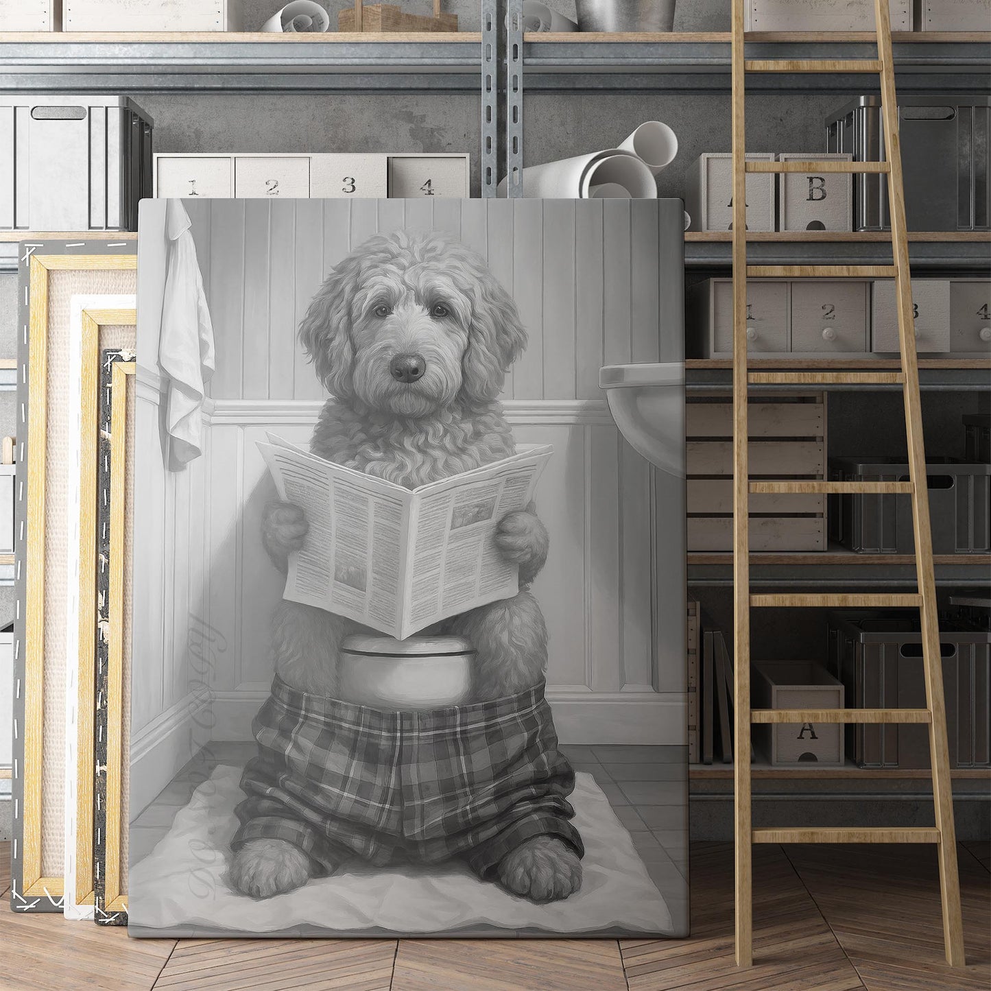 Golden Doodle Reading The Newspaper On The Toilet