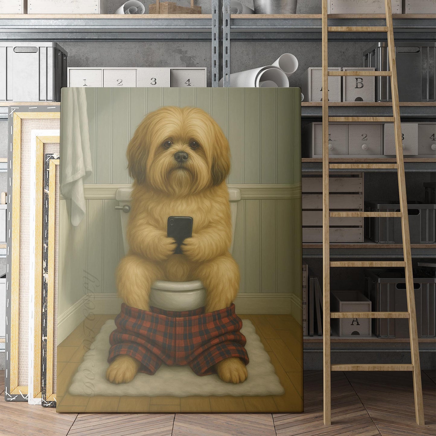 Lhasa Apso Dog On The Phone On The Toilet