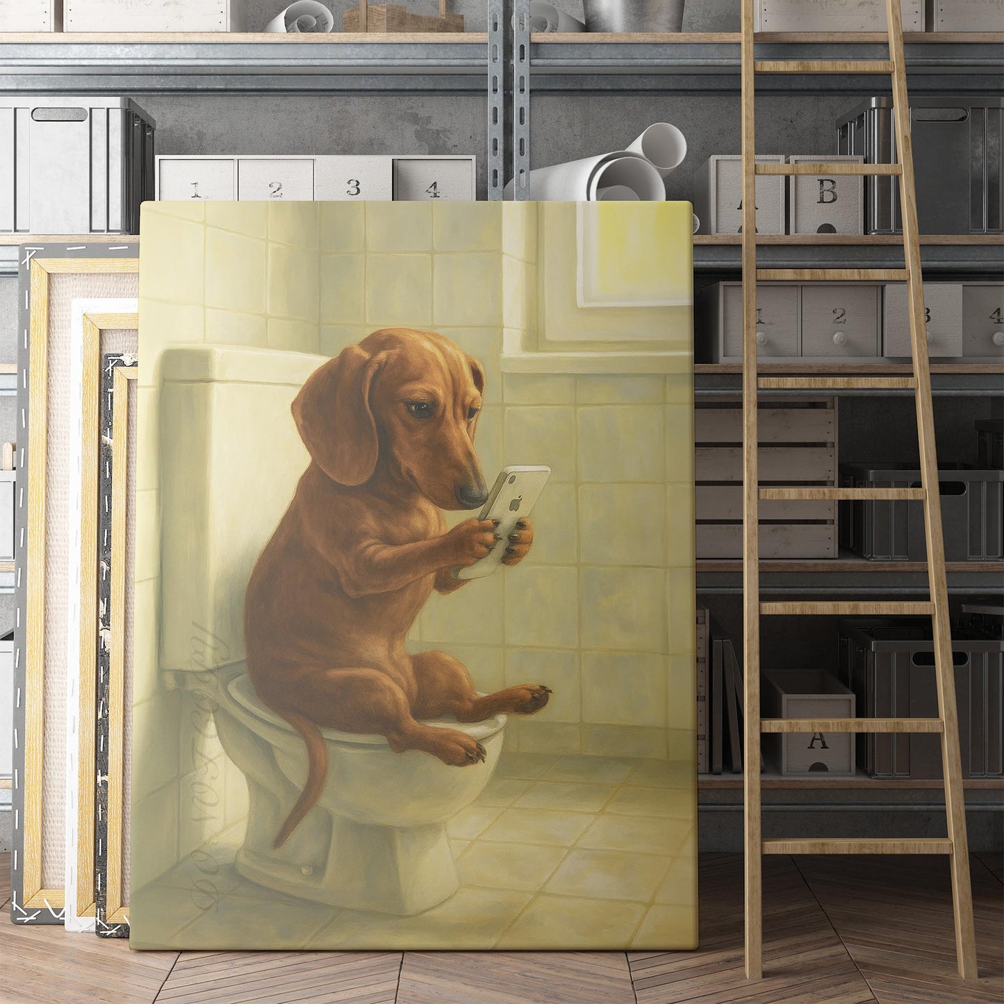 Dachshund Dog On The Phone On The Toilet