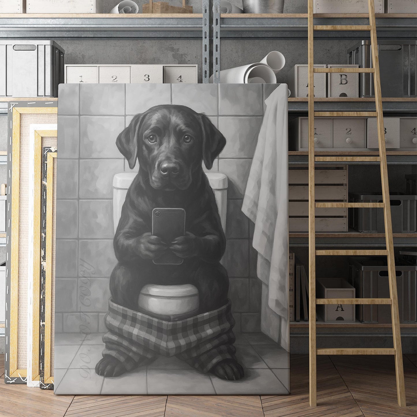 Black Labrador On The Phone On The Toilet