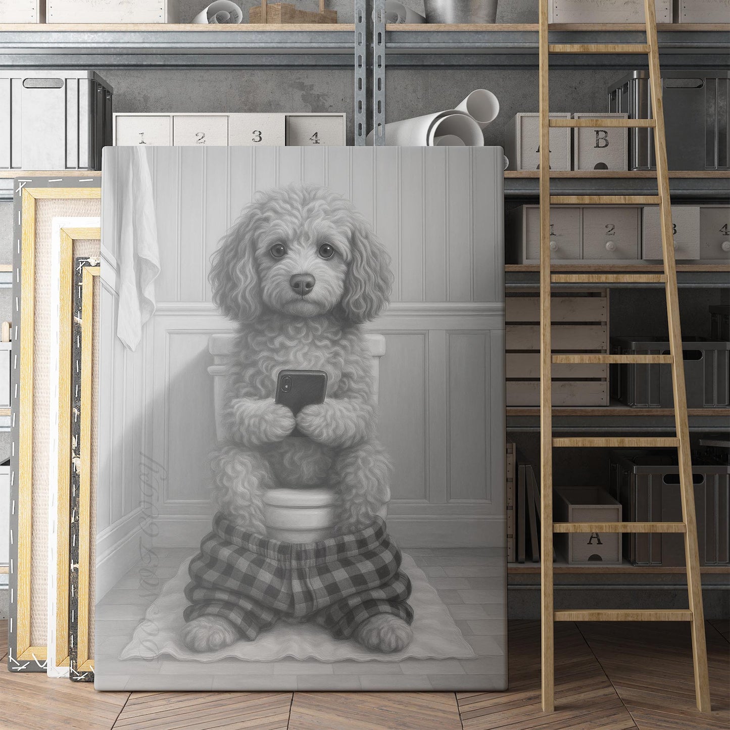 Cockapoo Dog On The Phone On The Toilet