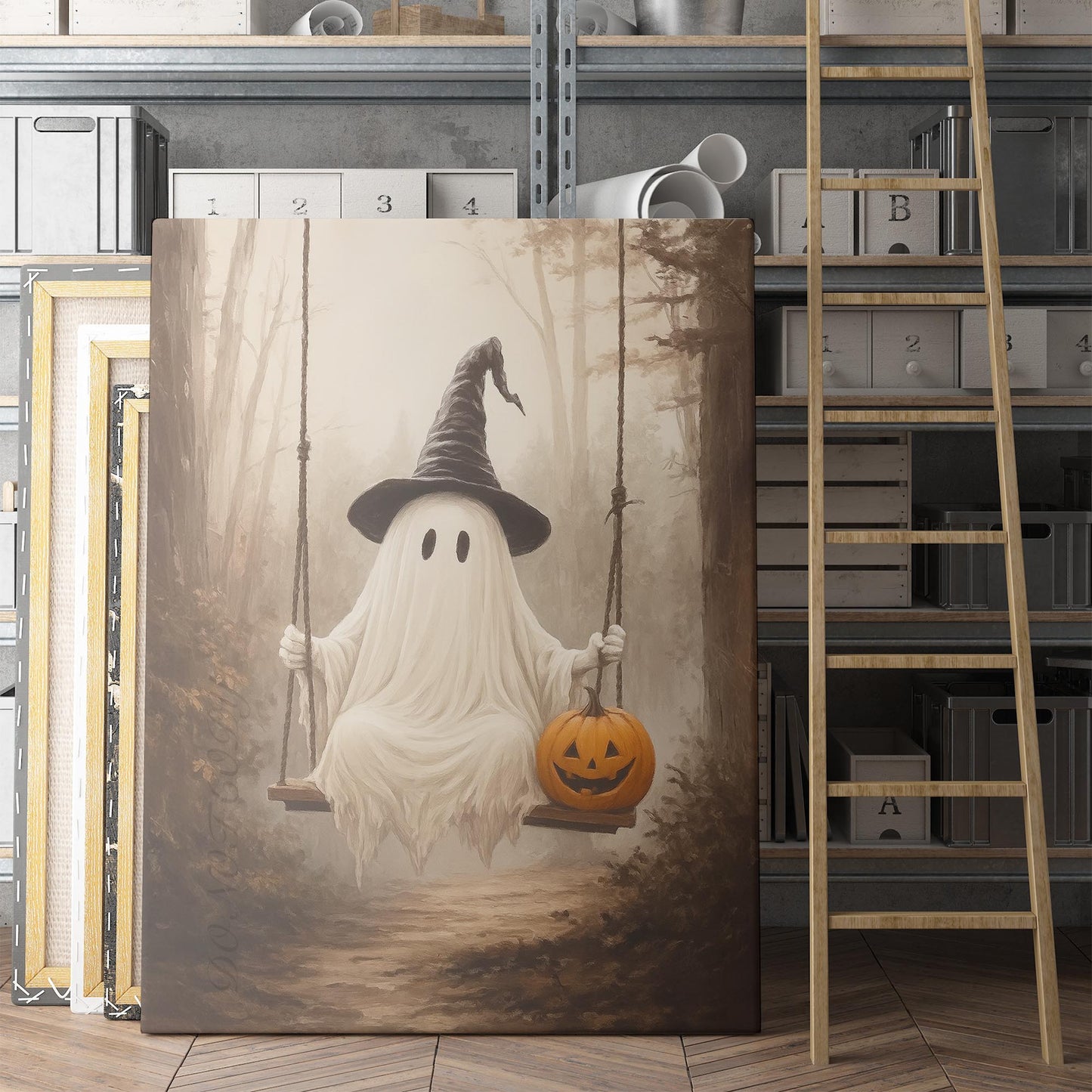 Ghost On A Swing With A Pumpkin