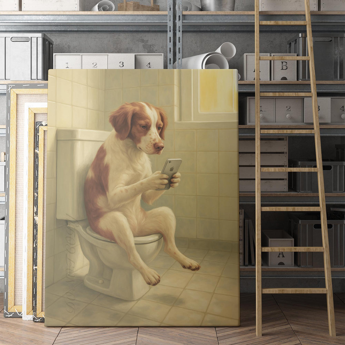 Brittany Dog On The Phone On The Toilet