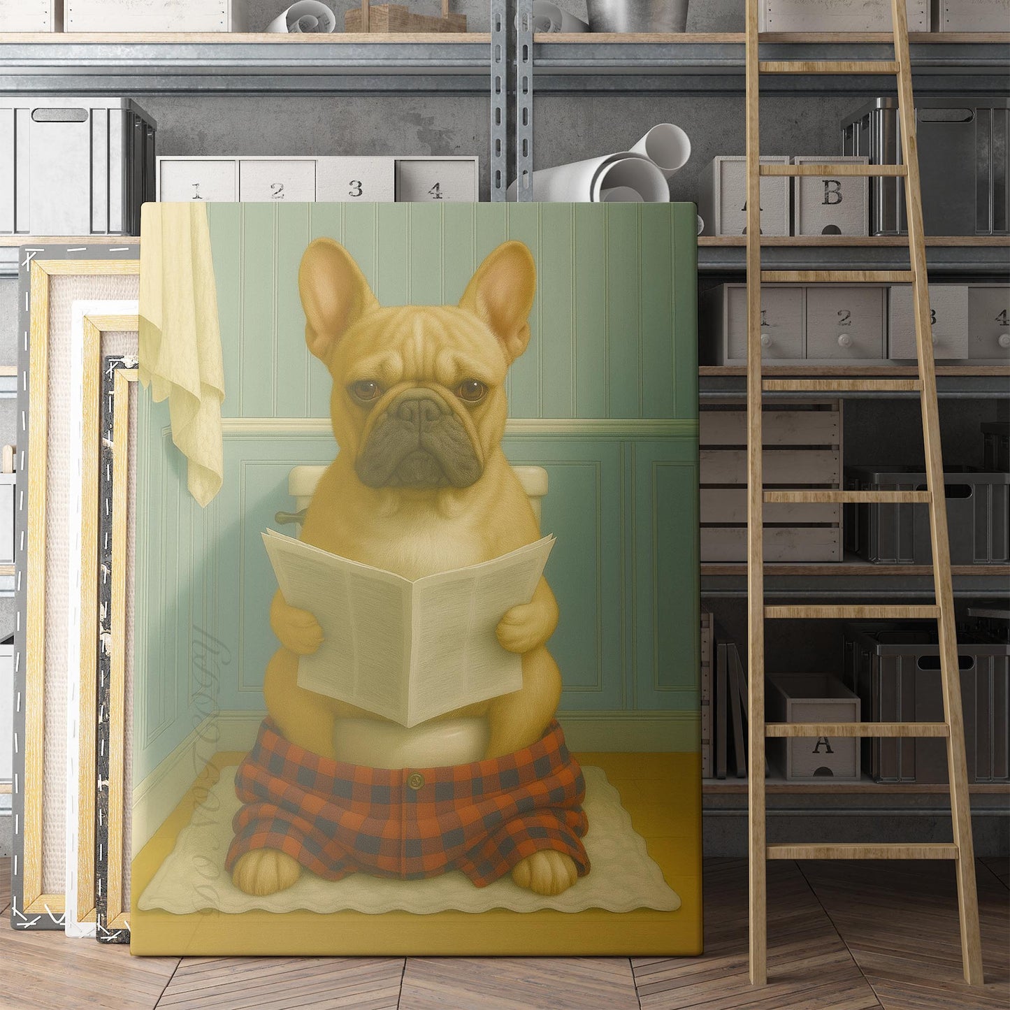 French Bulldog Reading A Newspaper On The Toilet