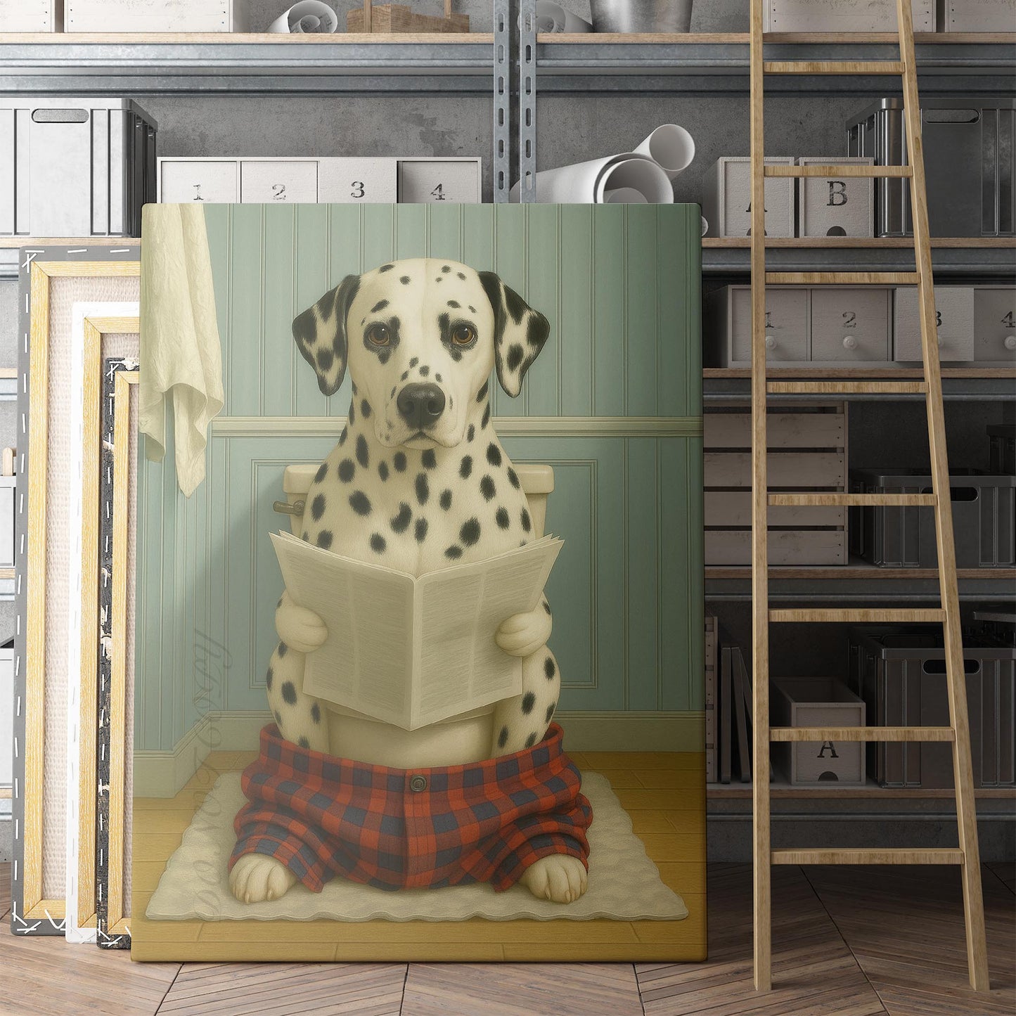 Dalmatian Dog Reading The Newspaper On The Toilet