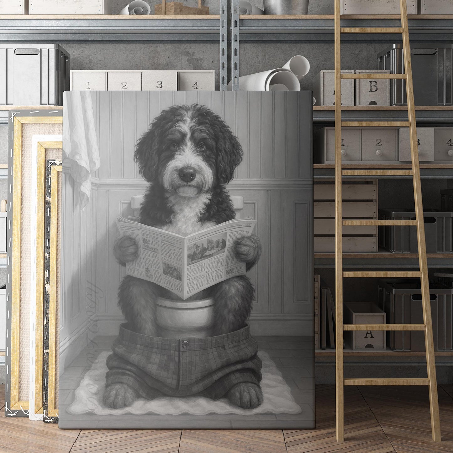 Bernedoodle Reading The Newspaper On The Toilet