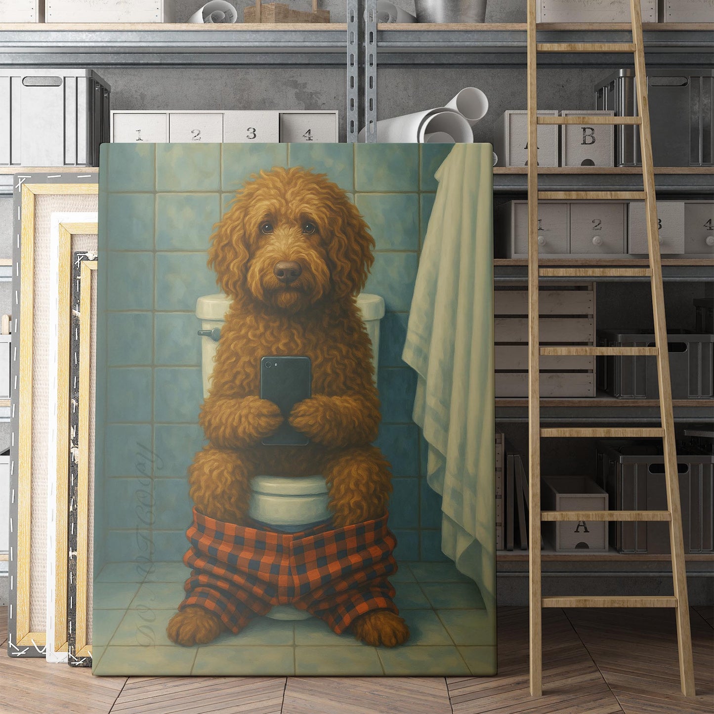 Labradoodle Dog On The Phone On The Toilet