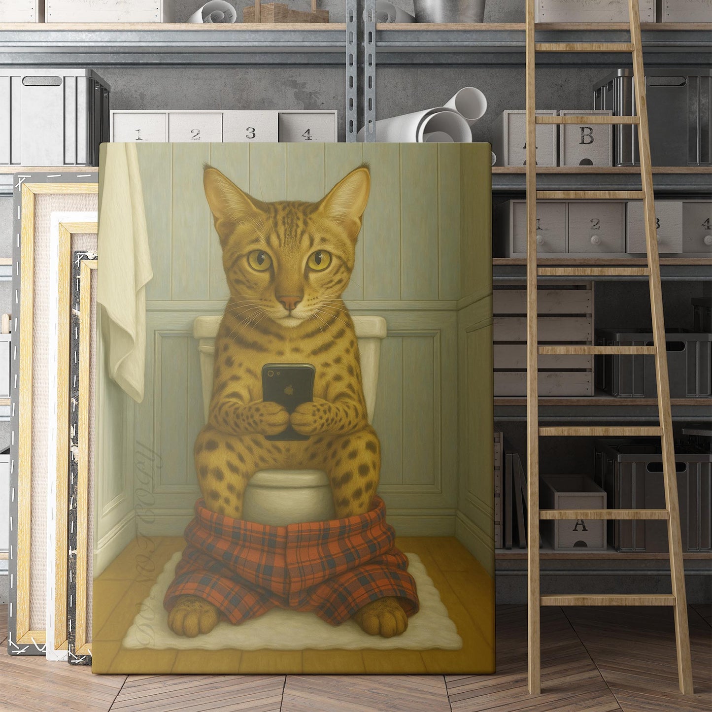 Savannah Cat On The Phone On The Toilet