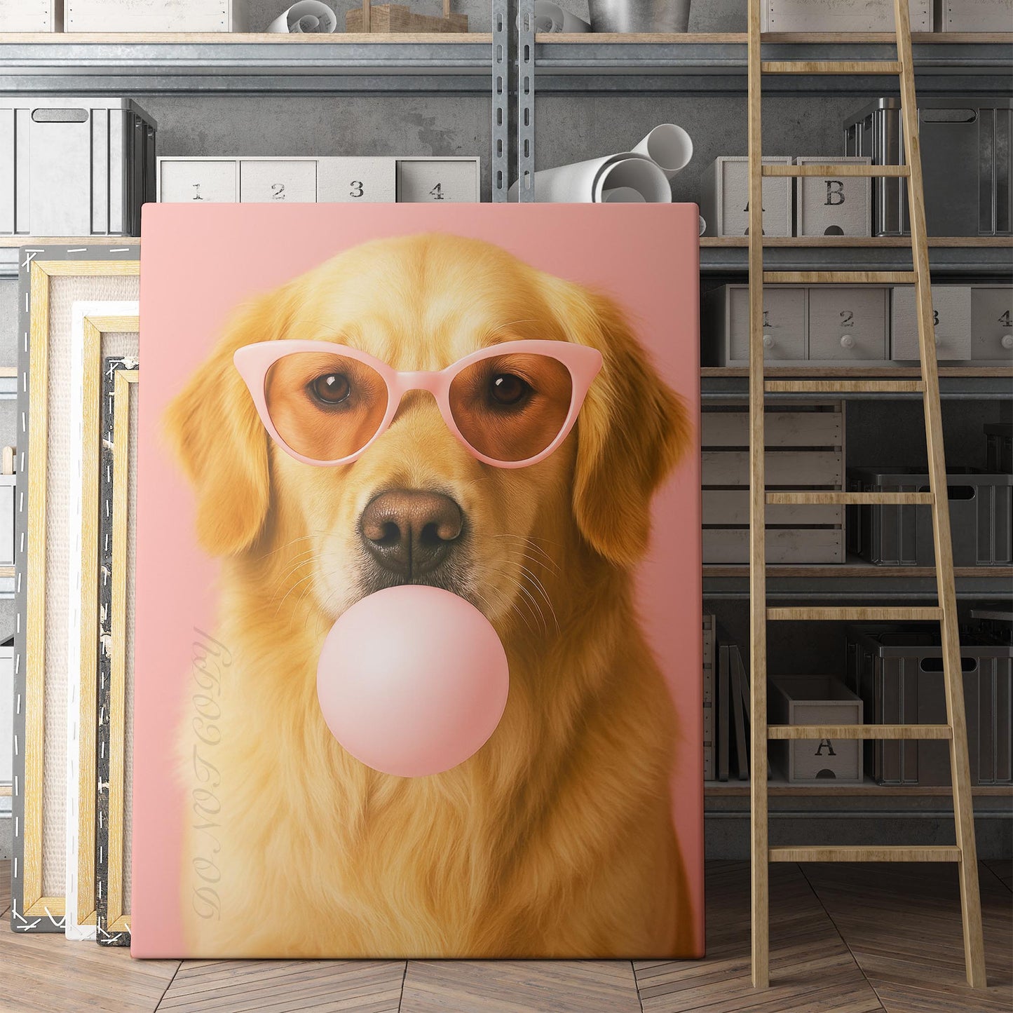 Golden Retriever Pink Sunglasses Blowing Bubble Gum