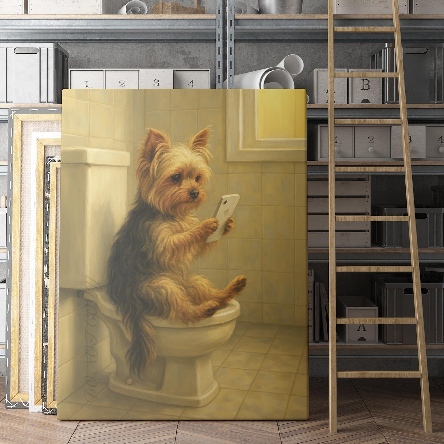 Yorkshire Terrier Dog On The Phone On The Toilet