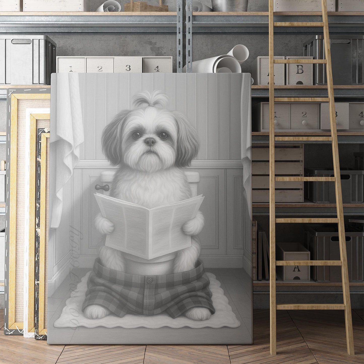 Shih Tzu Dog Reading The Newspaper On The Toilet