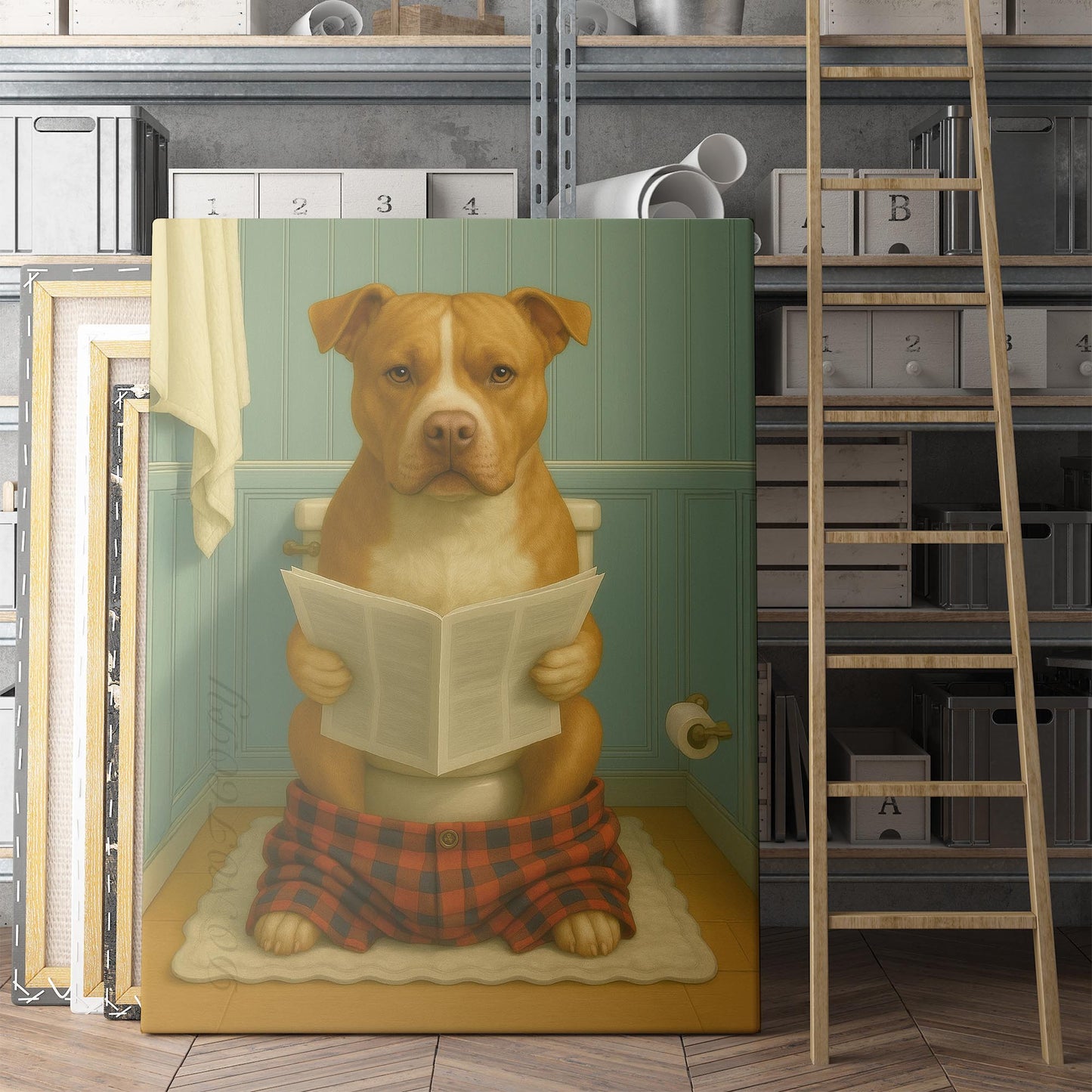 Pit Bull Dog Reading The Newspaper On The Toilet