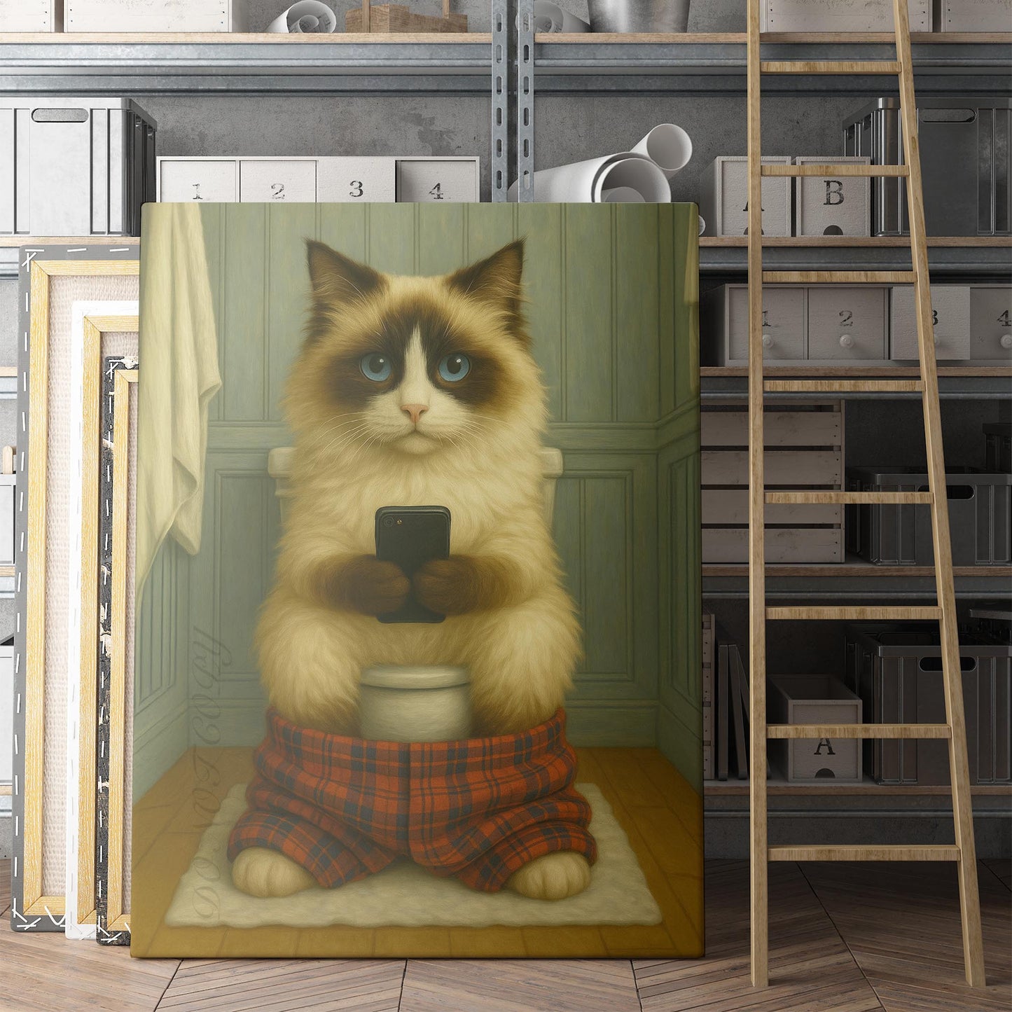 Ragdoll Cat On The Phone On The Toilet