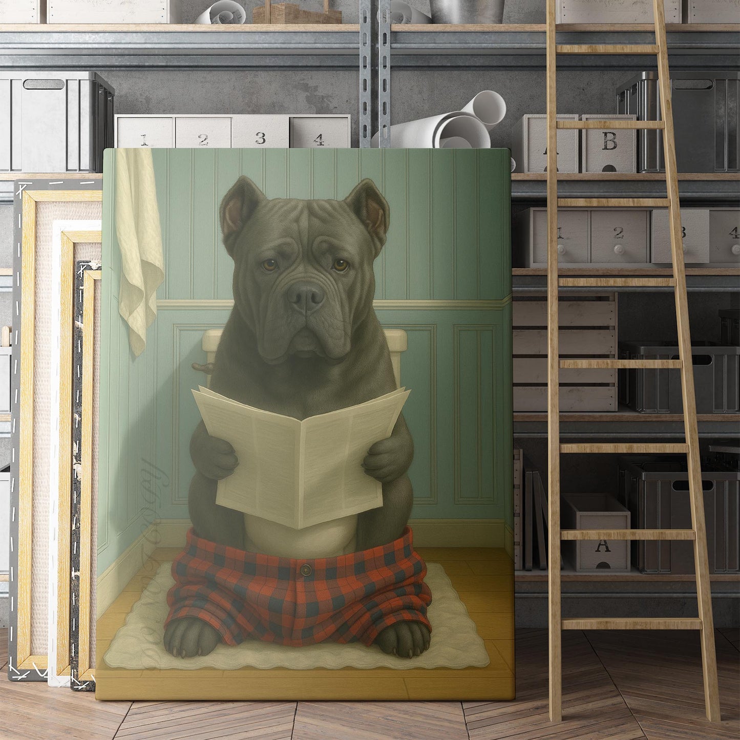 Cane Corso Dog Reading The Newspaper On The Toilet