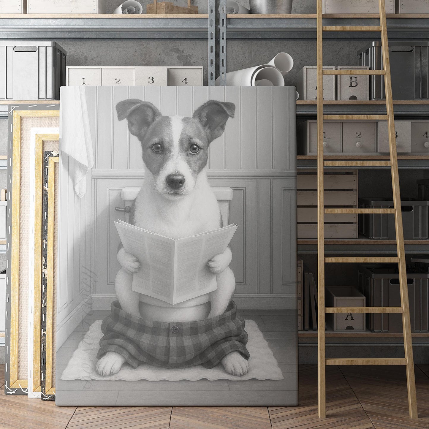 Jack Russell Terrier Dog Reading The Newspaper On The Toilet