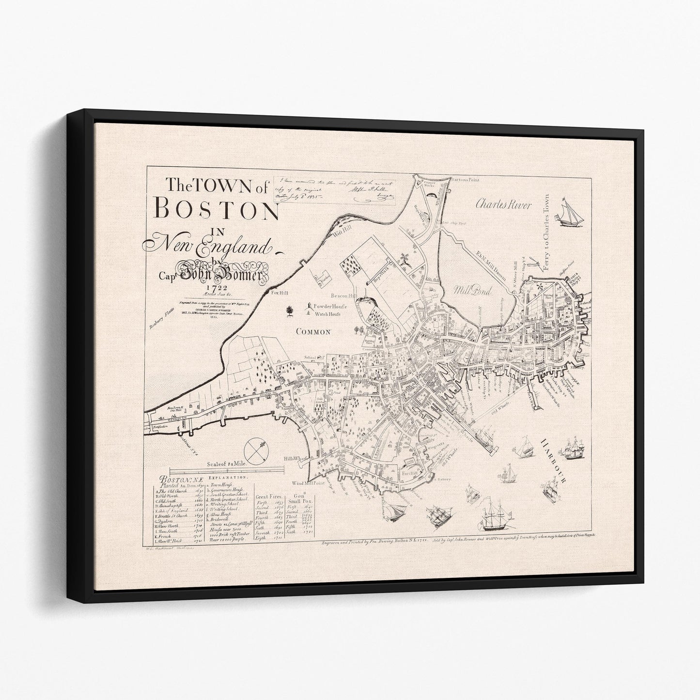 Old Map of Boston Massachusetts Bird's Eye View