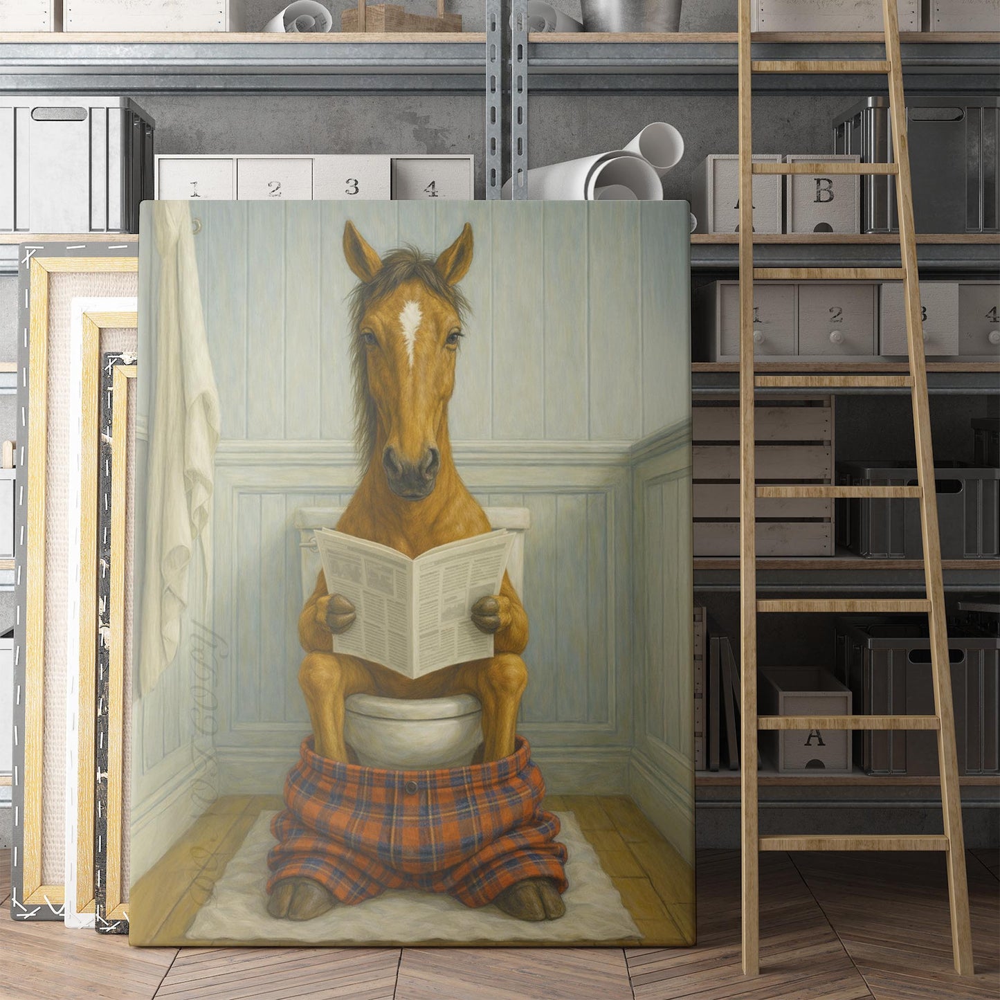 Horse Reading The Newspaper On The Toilet