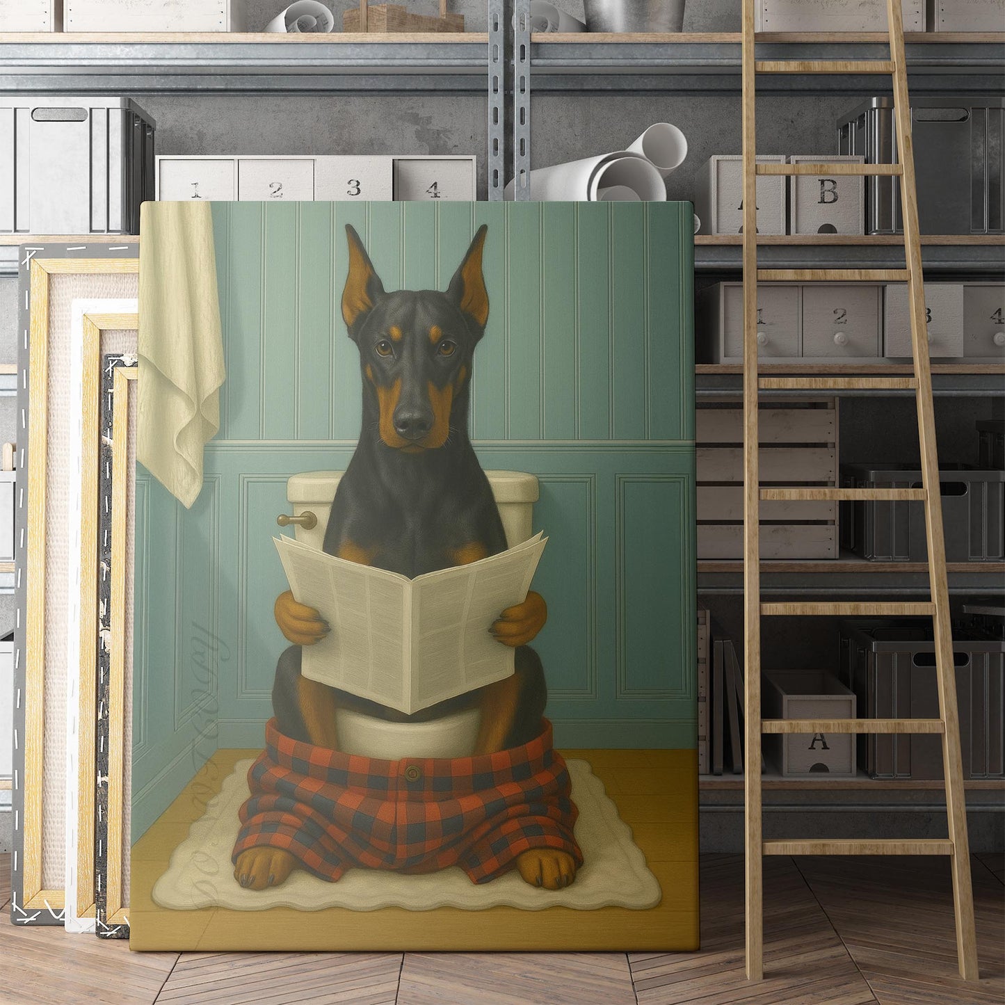 Dobermann Dog Reading The Newspaper On The Toilet