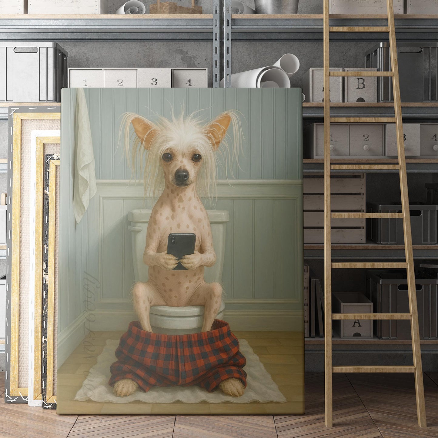 Chinese Crested Dog On The Phone On The Toilet