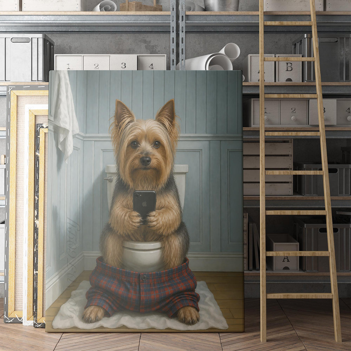 Silky Terrier Dog On The Phone On The Toilet