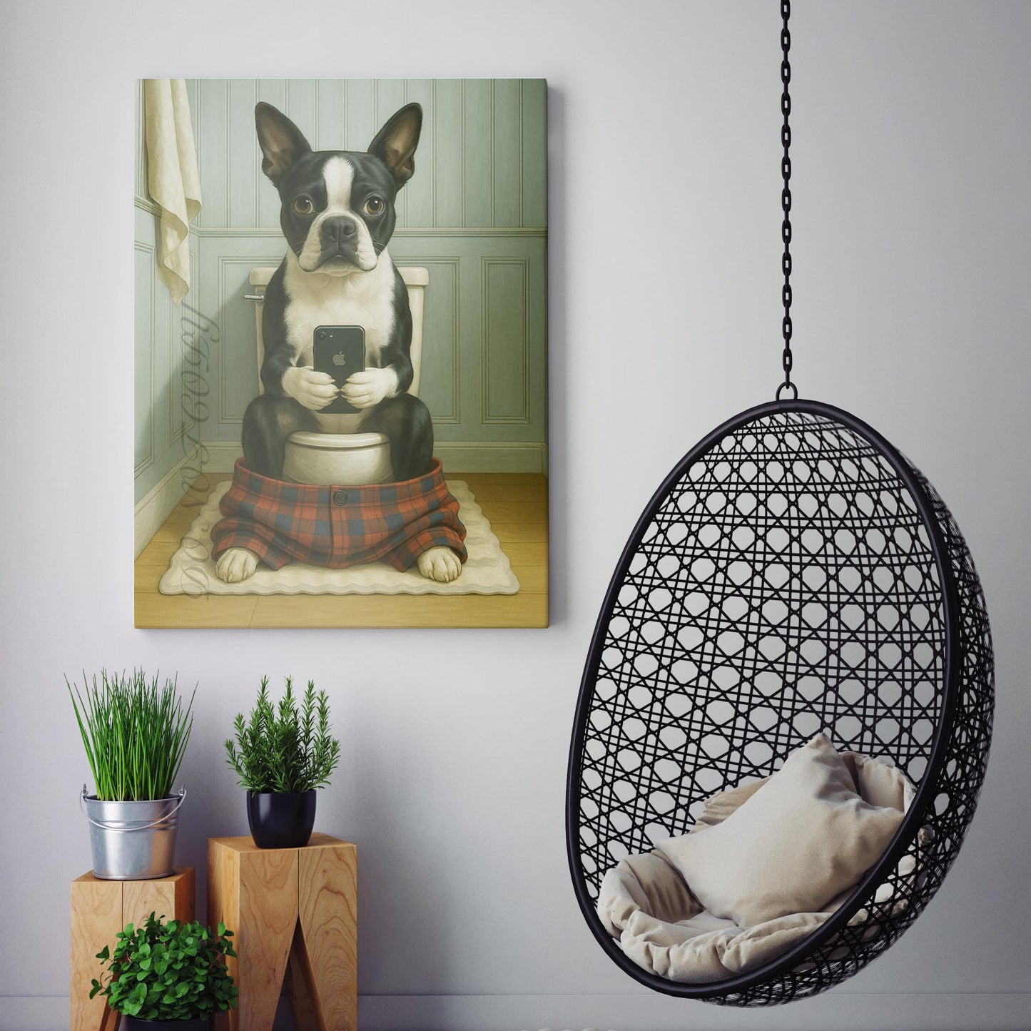 Boston Terrier Dog On The Phone On The Toilet